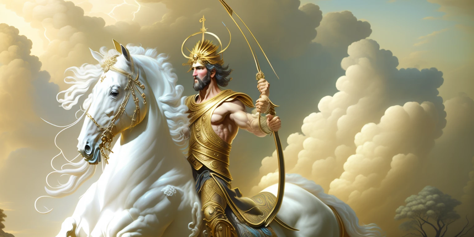 There is a man who is holding a bow and riding a horse, Mito grego pintura digital, Centauro, mitologia grega, Elon Musk como um deus grego, deus grego, Personagens da mitologia grega, O Deus Hermes, Olympian God, O Deus Zeus, epic scene of zeus, Mitologia grega, Directed by: Sasha Putrya, Godrays pintura digital, Mitologia