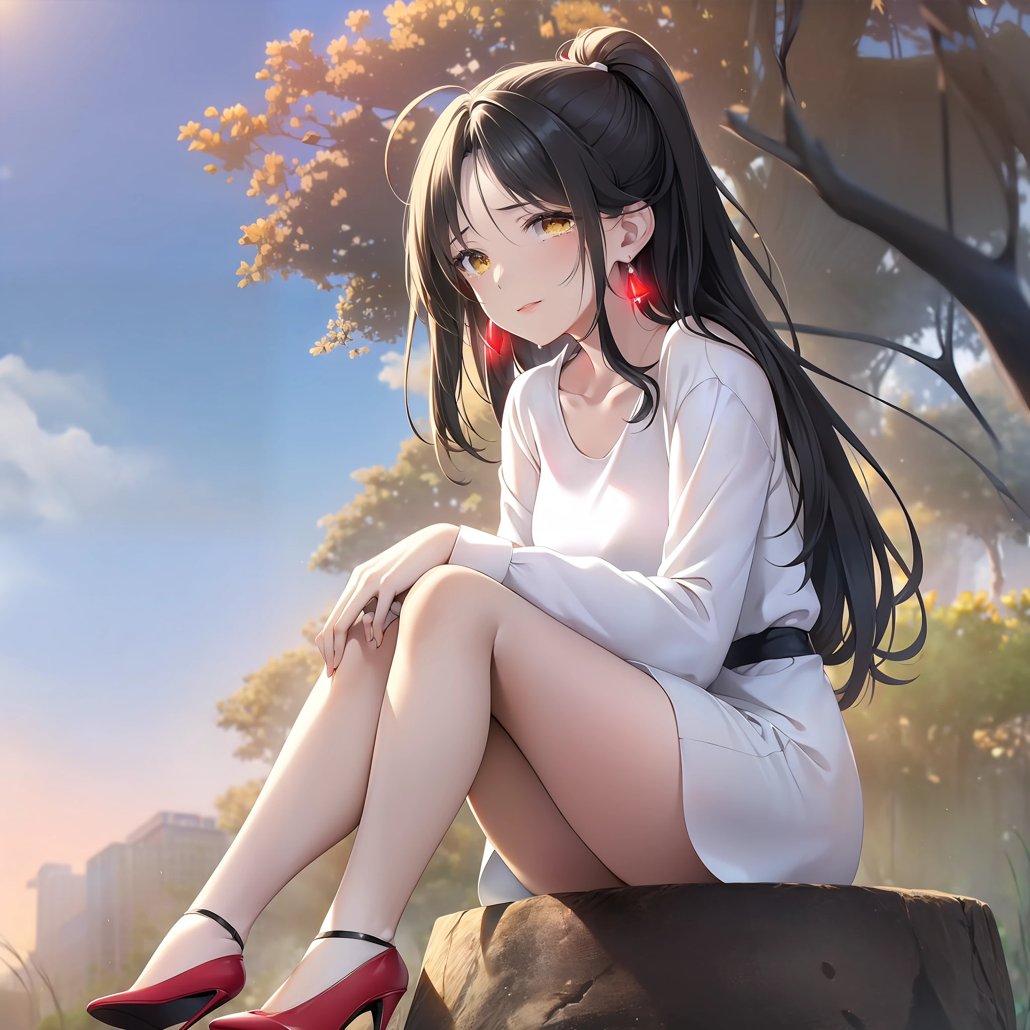 ((Photorealsitic:1.37)),Sitting on a stump、((((low angles)))),((Beautuful Women))、Slimed、tiny waist、Black and white woman business suit、Cute white blouse ,((((heels((10cm))Has high heels、Only the heel area is red,)))), beauty legs, ((Wide prairie background)), tussock,one girls, (Sitting on a stump), (((Crying face))),Lady, 8K, Best Quality,Black eyeliner,Light pink lipstick, (small tits),22year old ,girl with, 鎖骨,Sunrise,Sunshine, Sunnyday,glowing earrings, Beautiful brown eyes, finely detail, Beautiful detailed girl, strong breeze, Hair flutters, Slender face, 鎖骨, beutiful breast,length hair, Beautiful face, ((Half-up hairstyle)), Upstyle,Black Gradient Hair, Shiny hair,