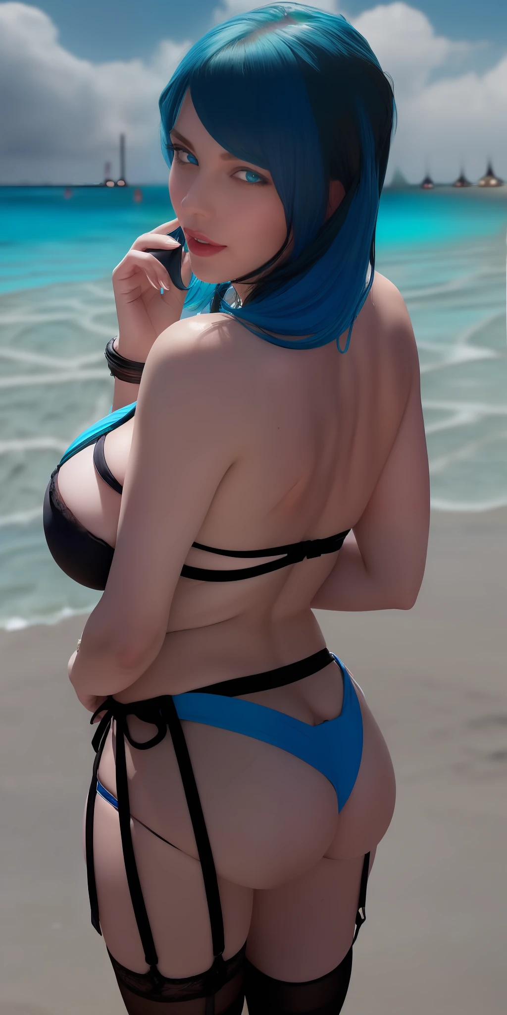 (rear view:1.3) (spoiled:1),(beady big shining blue eyes:1.3), ( black bikini:1.5),(drooping eyes:1.4), (beautiful beach:1.9), (thin lips:1.5),(big breasts:1.5),round face,(innocent:1.5),(blue hair:1.5), (looking at viewer:1),(smiling:1.3),(happy:1.2),lovely,( black garter belt:1.5),(1girl),(open mouth:1.4),(delicate touch),(8k),(4k),(absurdres),perfect lighting,charming,realistic,sexy pose, alluring, clean, beautiful face, pure face,pale skin,wet, sweat, Occidental face