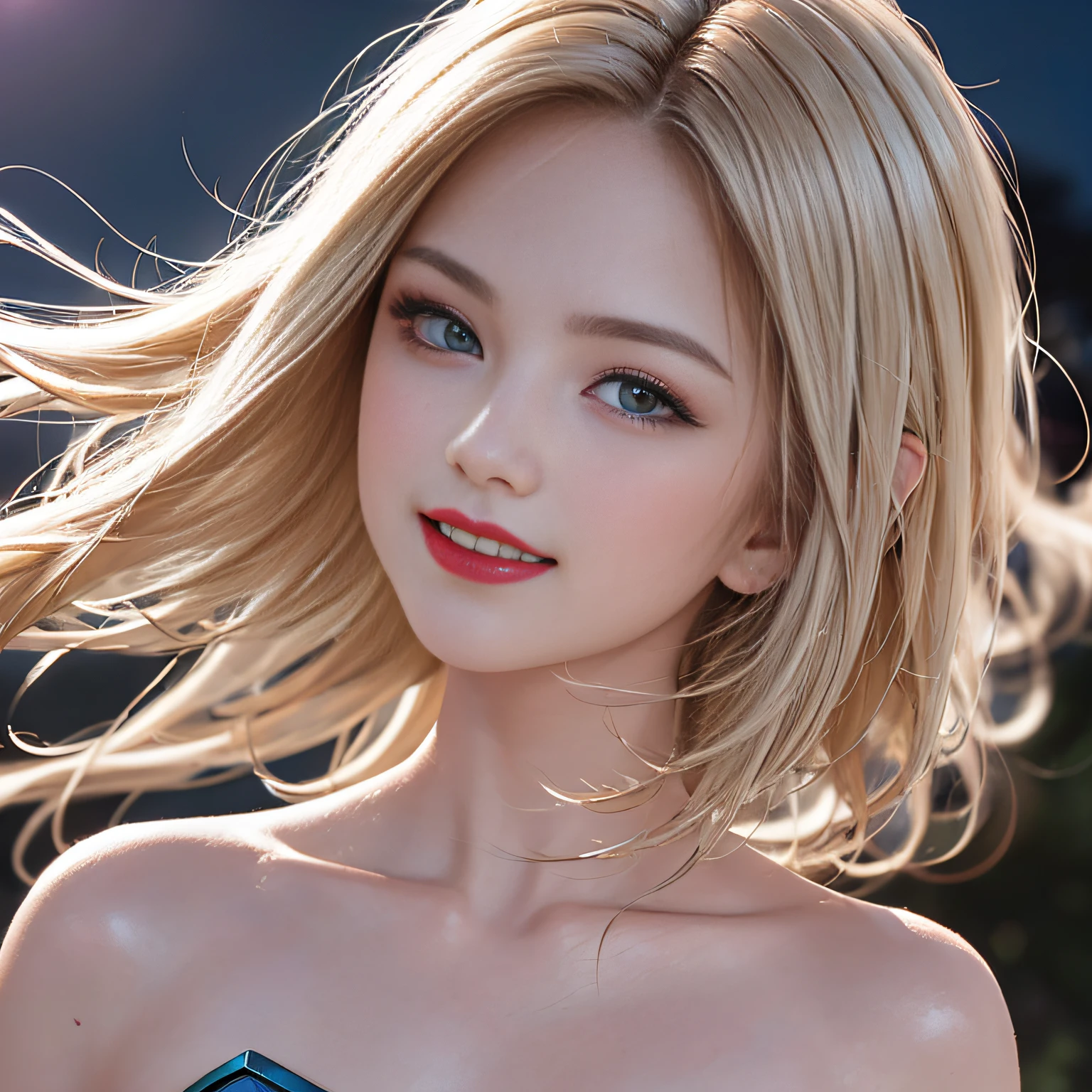 (8K, RAW Photos, of the highest quality, Masterpieces: 1.2), (Realistic, Photorealistic: 1.37), Highest Quality, Ultra High Resolution, light leaks, Dynamic lighting, Slim and smooth skin, (Full body:1.3), (Soft Saturation: 1.6), (Fair skin: 1.2), (Glossy skin: 1.1), Oiled skin, 22 years old, Night, shiny white blonde, Well-formed, Hair fluttering in the wind, Close-up shot of face only, Physically Based Rendering, From multiple angles, A big smile, super girl、miniture, Glowing lipstick