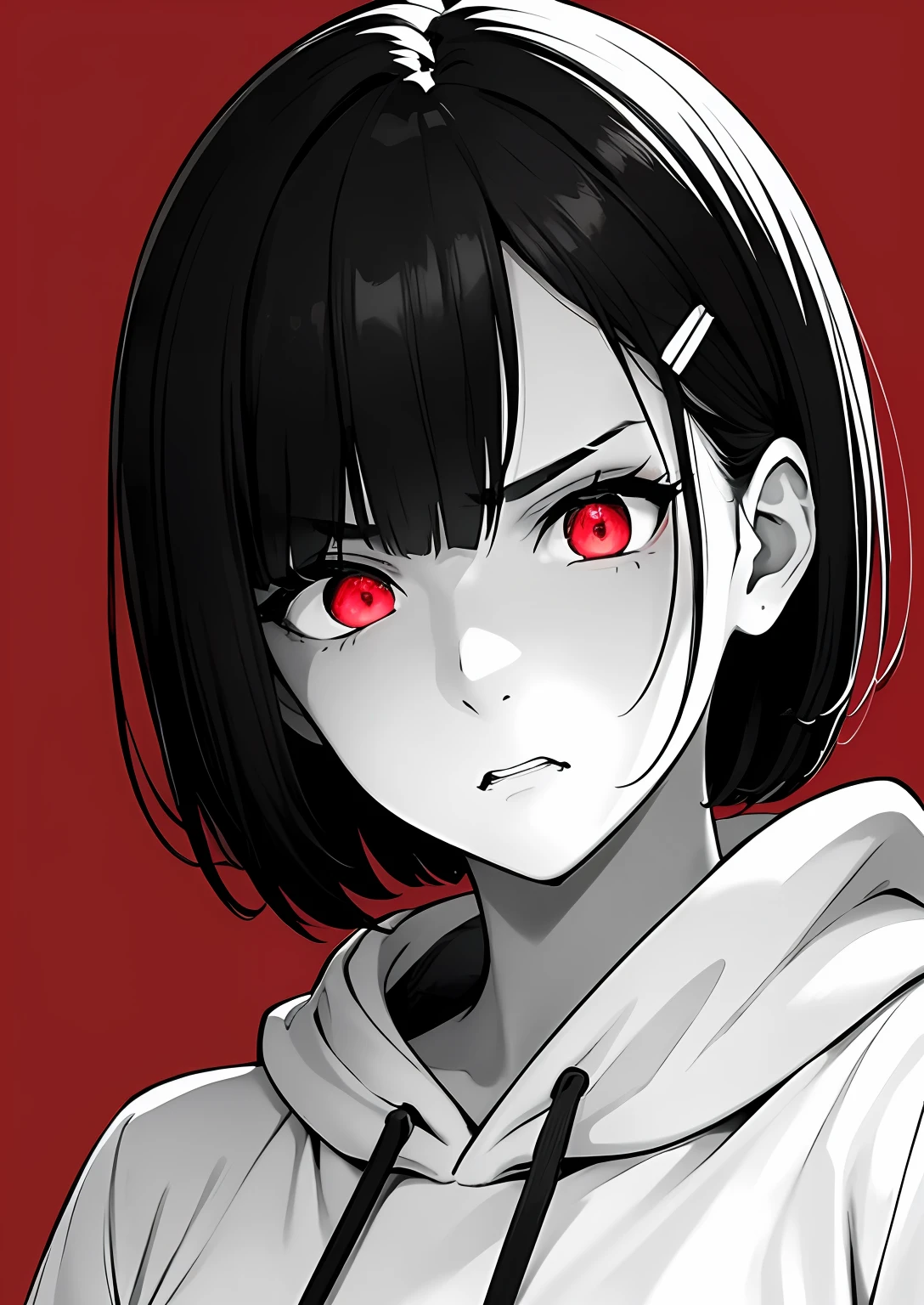 best quality, masterpiece,4k 8k wallpaper, 1girl, shorthair, hairpin, hoodie, (((closeup photo))),  (((Monochrome:1))), red background, ((looking disgusted)), looking at viewer, glowing eyes, glow eyes, halfbody