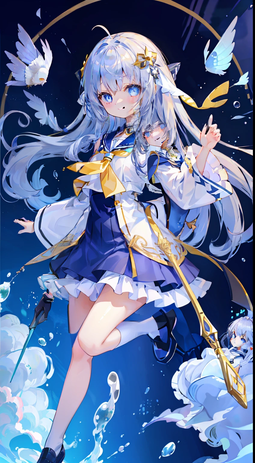 One girl、silber hair、long、Right side、Fluttering hair、blue eyess、a smile、​masterpiece、Top image quality、laugh、Long-sleeved sailor suit、pleatedskirt、long-sleeve、Moe Sleeve