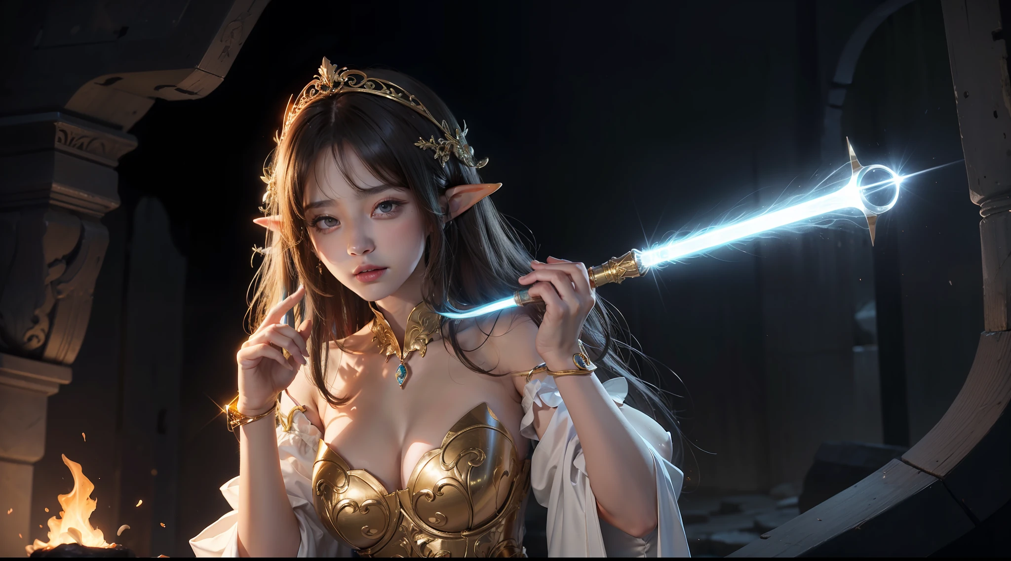 tmasterpiece,top-quality,best qualityer,offcial art,Beauty and aesthetics:1.2),(tmasterpiece:1.3), (8K, realisticlying, RAW photos, best qualtiy: 1.4), beauitful face, (photorealiscic face),超高分辨率, Ultra photo realsisim, highly detailed, the golden ratio, (Award-winning digital artwork:1.3) af (sketching:1.3),(with dynamism:1.3),(Saturation:1.3),(Close portrait:1.3),illusory engine, (High detail: 1.9),(femele:1.4),(big breasts beautiful: 1.4),(carismatic:1.3),Huge ruins,speleothems,the night,Female elf,half-body shots,Large breasts,(Close portrait:1.3),illusory engine, (High detail: 1.9),volumettic light,(((Glowing scepter))),(((Correct fingers)))