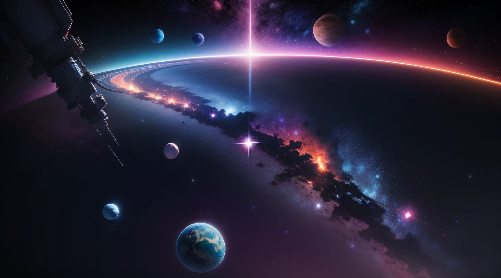 space with all the planets blue and pink color with background of bright white stars in the style of Miyazaki, —ar 21:9, imagem 4k