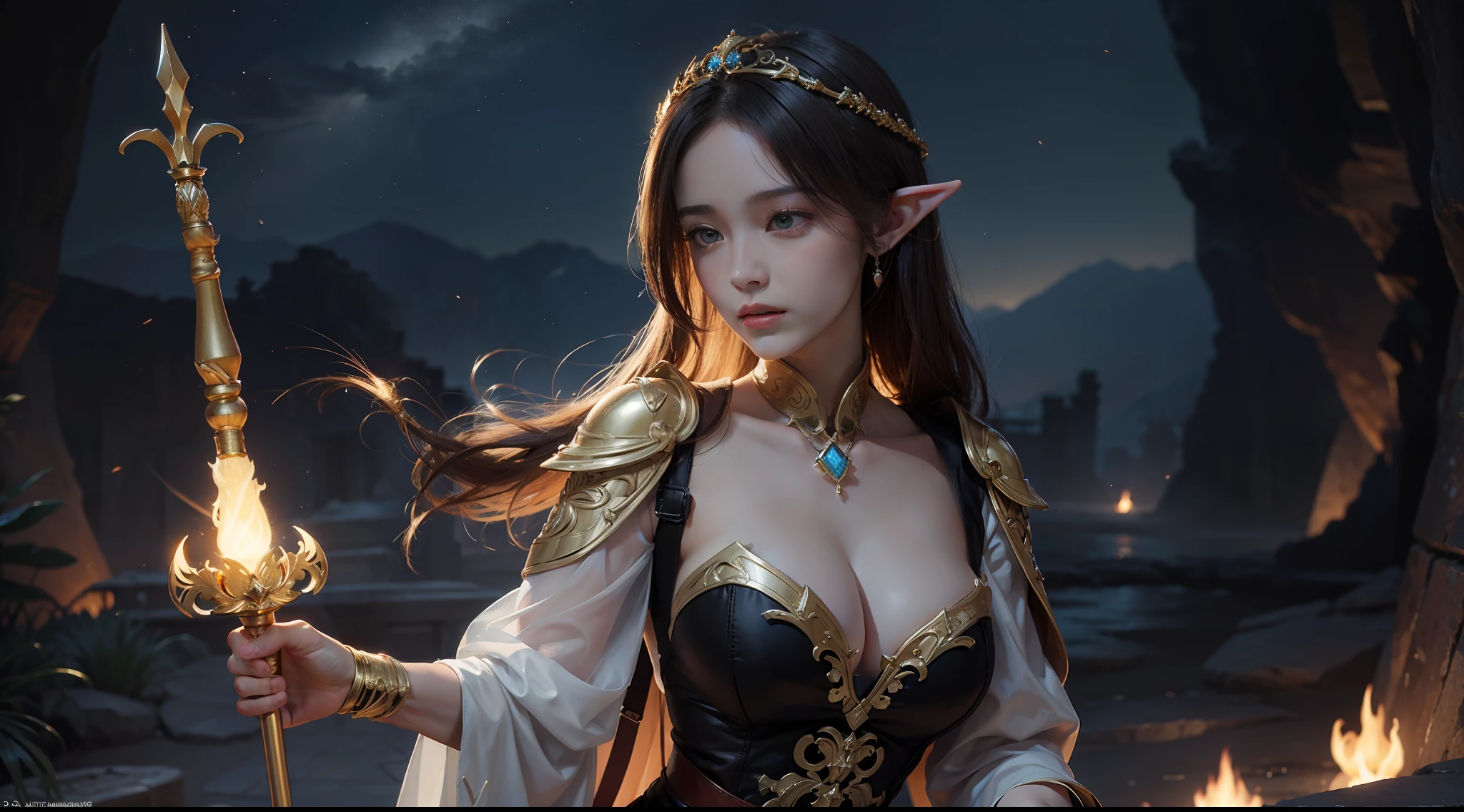 tmasterpiece，top-quality，best qualityer，offcial art，Beauty and aesthetics：1.2），（tmasterpiece：1.3）， （8K， realisticlying， RAW photos， best qualtiy： 1.4）， beauitful face， （photorealiscic face），超高分辨率， Ultra photo realsisim， highly  detailed， the golden ratio， （Award-winning digital artwork：1.3） af （sketching：1.3），（with dynamism：1.3），（Saturation：1.3），（Close portrait：1.3），illusory engine， (High detail: 1.9)，（femele：1.4），（big breasts beautiful： 1.4),(carismatic:1.3)，Huge ruins，speleothems，the night，Female elf，half-body shots，Large breasts，（Close portrait：1.3），illusory engine， (High detail: 1.9)，volumettic light，(((Glowing scepter)))，(((Correct fingers)))