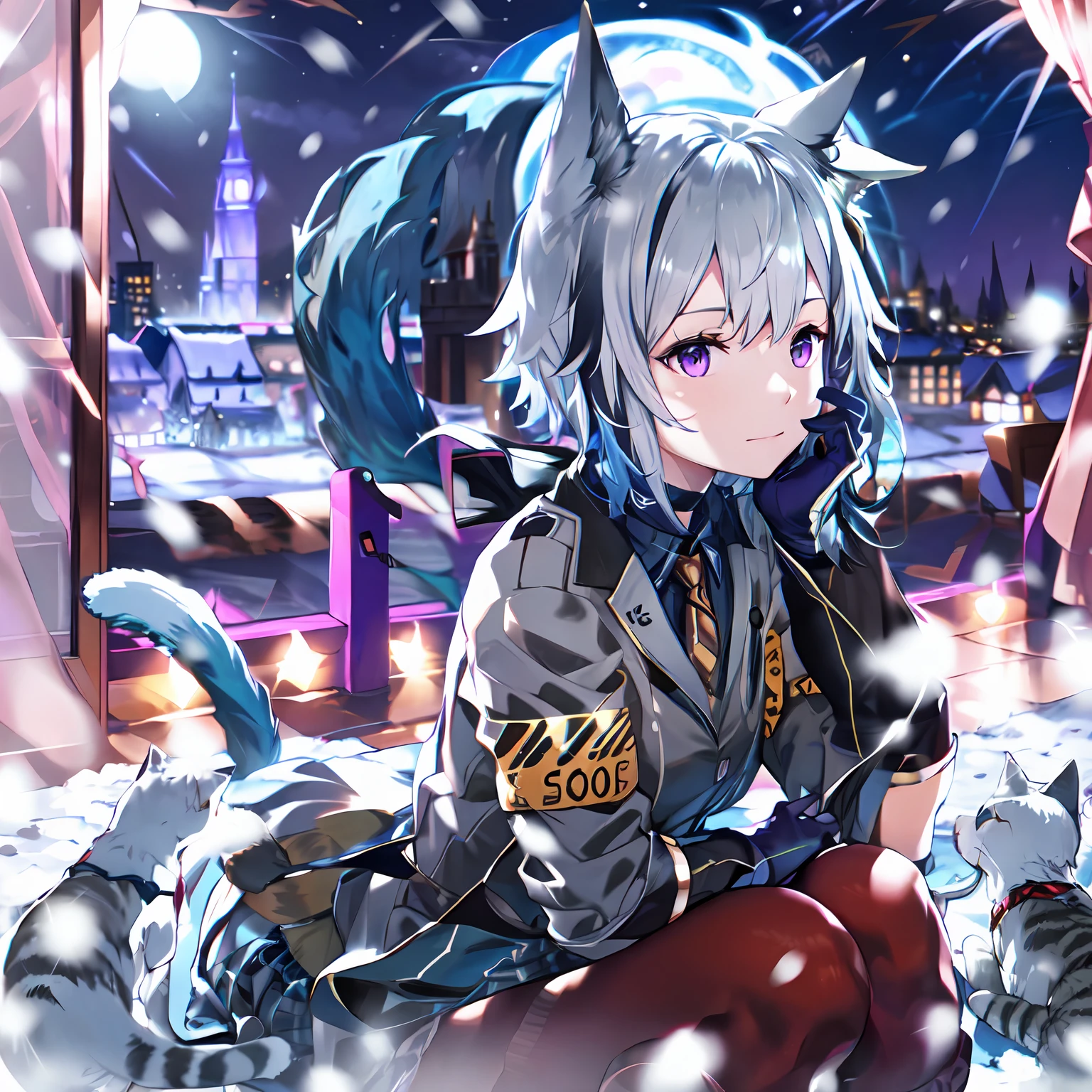 girls, blue hair, cat ears, black and white jacket, purple armbands,school, night time, snowing, black gloves