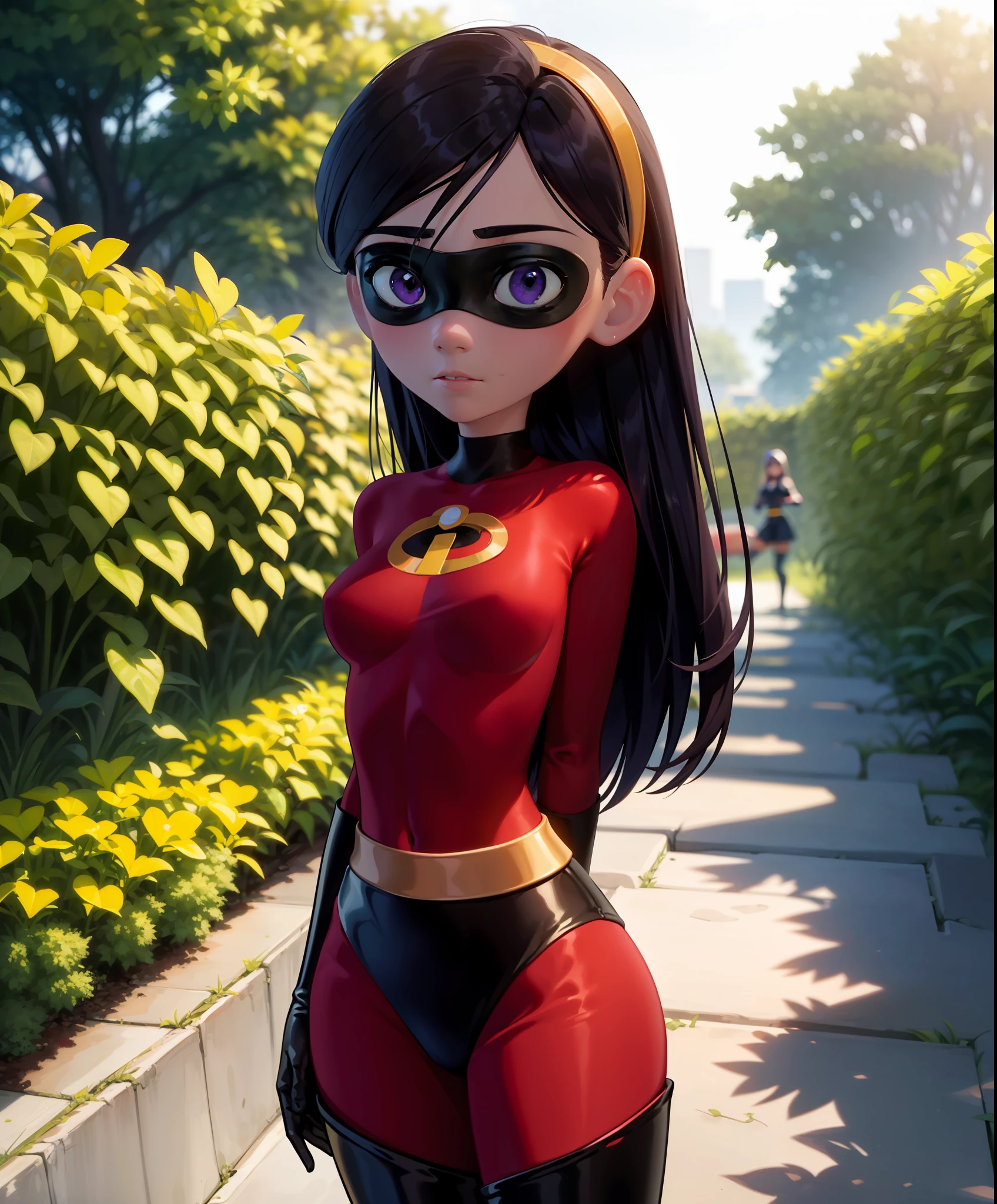 ((best quality)), ((highly detailed)), masterpiece, (detailed eyes, deep eyes), (1girl), Perspective distortion, cowboy shot, violetparr, black hair, long hair, hairband, purple eyes, mask, red bodysuit, gloves, boot, thighhighs, thigh boots, latex, (in a garden, sun up)