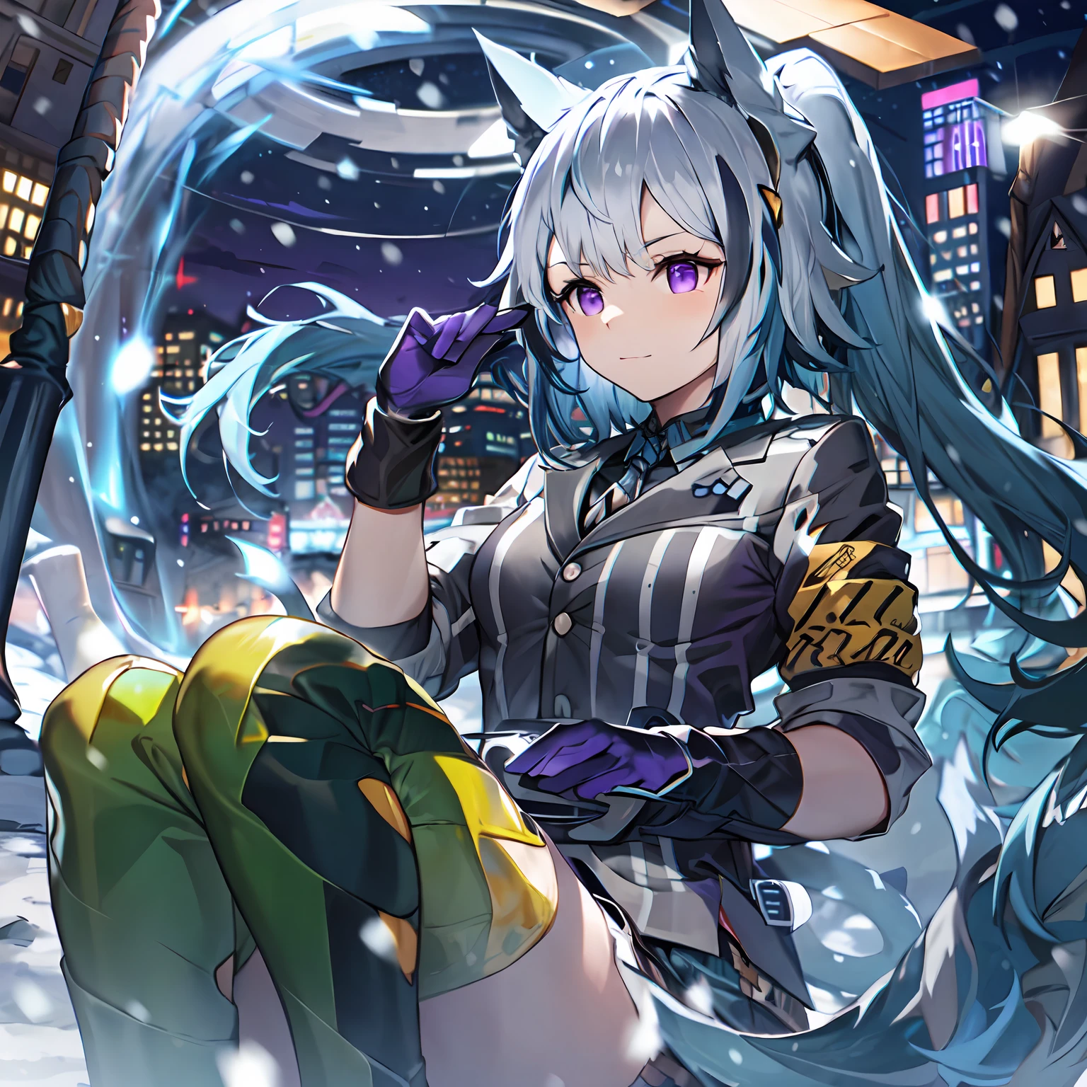 girls, blue hair, cat ears, black and white jacket, purple armbands,school, night time, snowing, black gloves