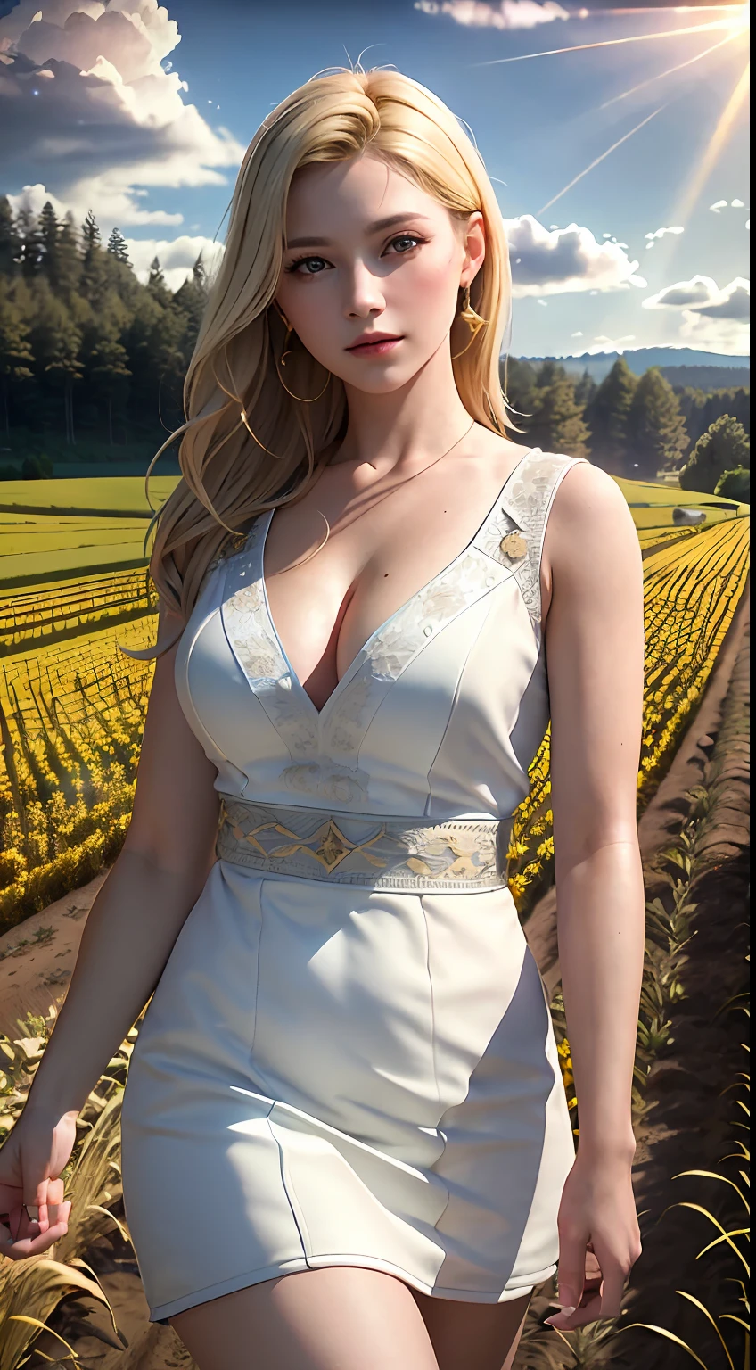 (realistic:1.3), finely detailed, quality, rembrandt lighting, (masterpiece:1.2), (photorealistic:1.2), (best quality), (detailed skin:1.3), (intricate details), dramatic, ray tracing, 1girl, american white girl, blonde hair, 21 years old, medium breasts, (Meadow, Sun, Clouds, Field, Farming, Starlight, Walking trail)