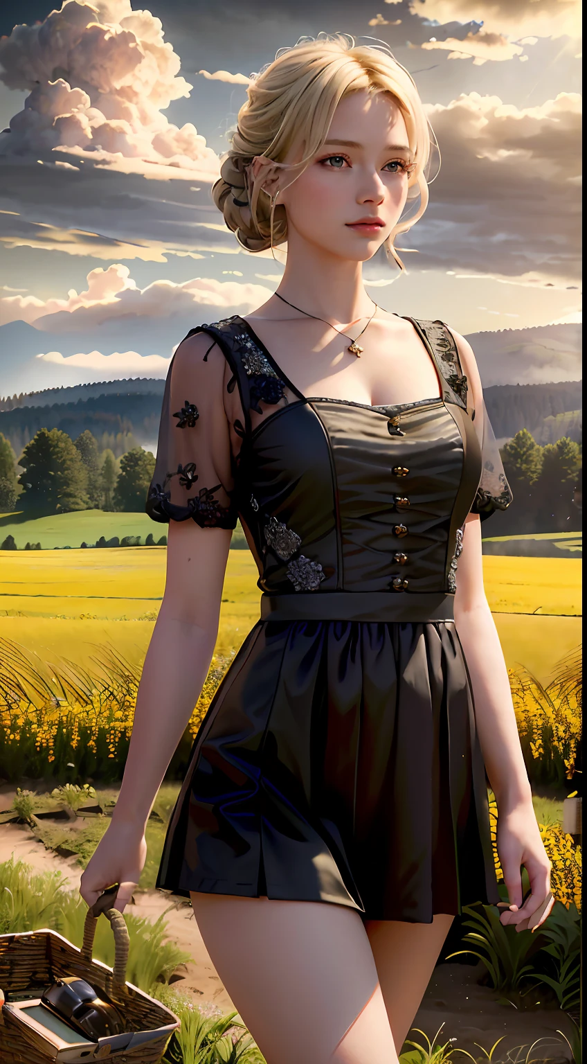 (realistic:1.3), finely detailed, quality, rembrandt lighting, (masterpiece:1.2), (photorealistic:1.2), (best quality), (detailed skin:1.3), (intricate details), dramatic, ray tracing, 1girl, american white girl, blonde hair, 21 years old, medium breasts, (Meadow, Sun, Clouds, Field, Farming, Starlight, Walking trail)
