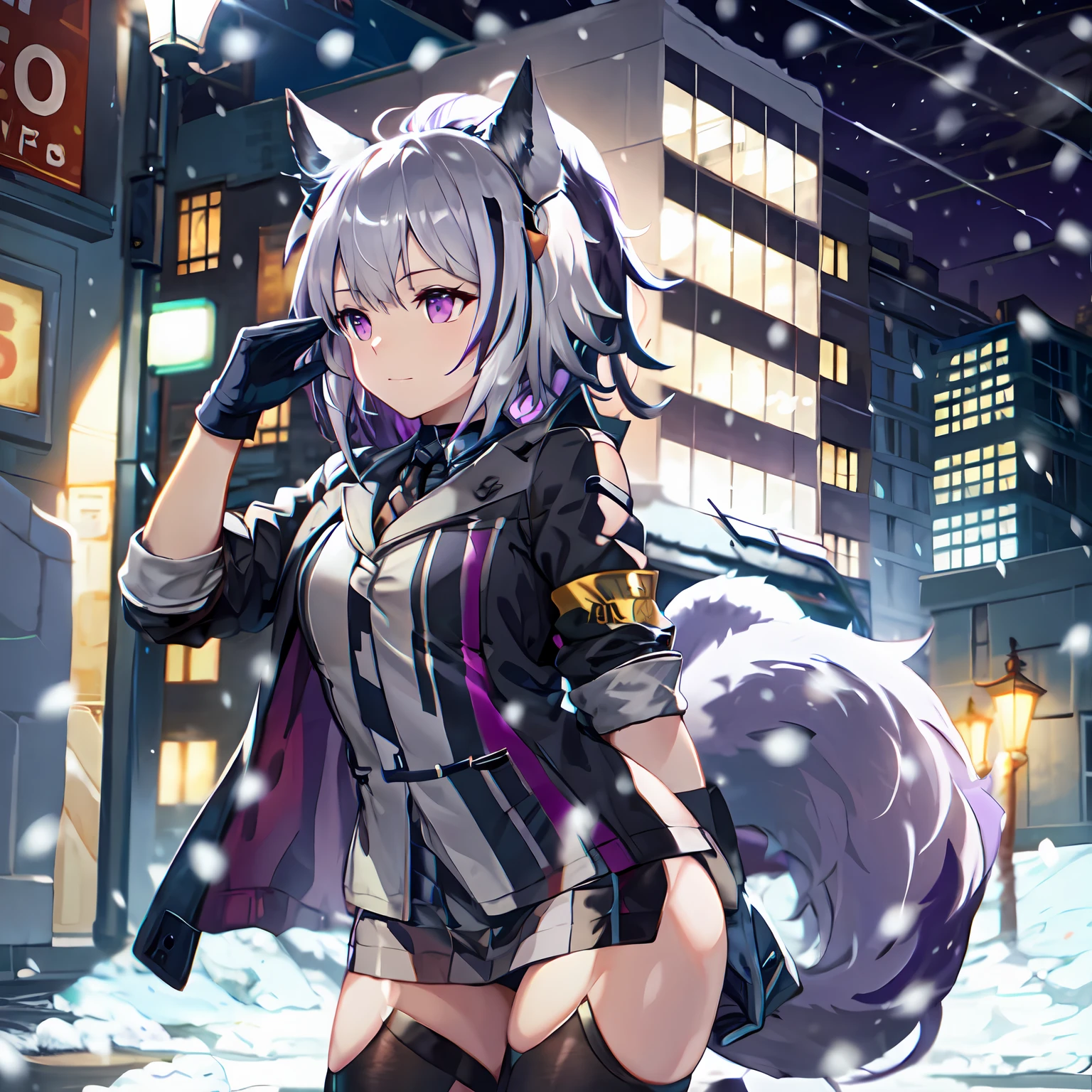 girls, purple  hair, cat ears, black and white jacket, blue armbands, in the city, night time, snowing, black gloves