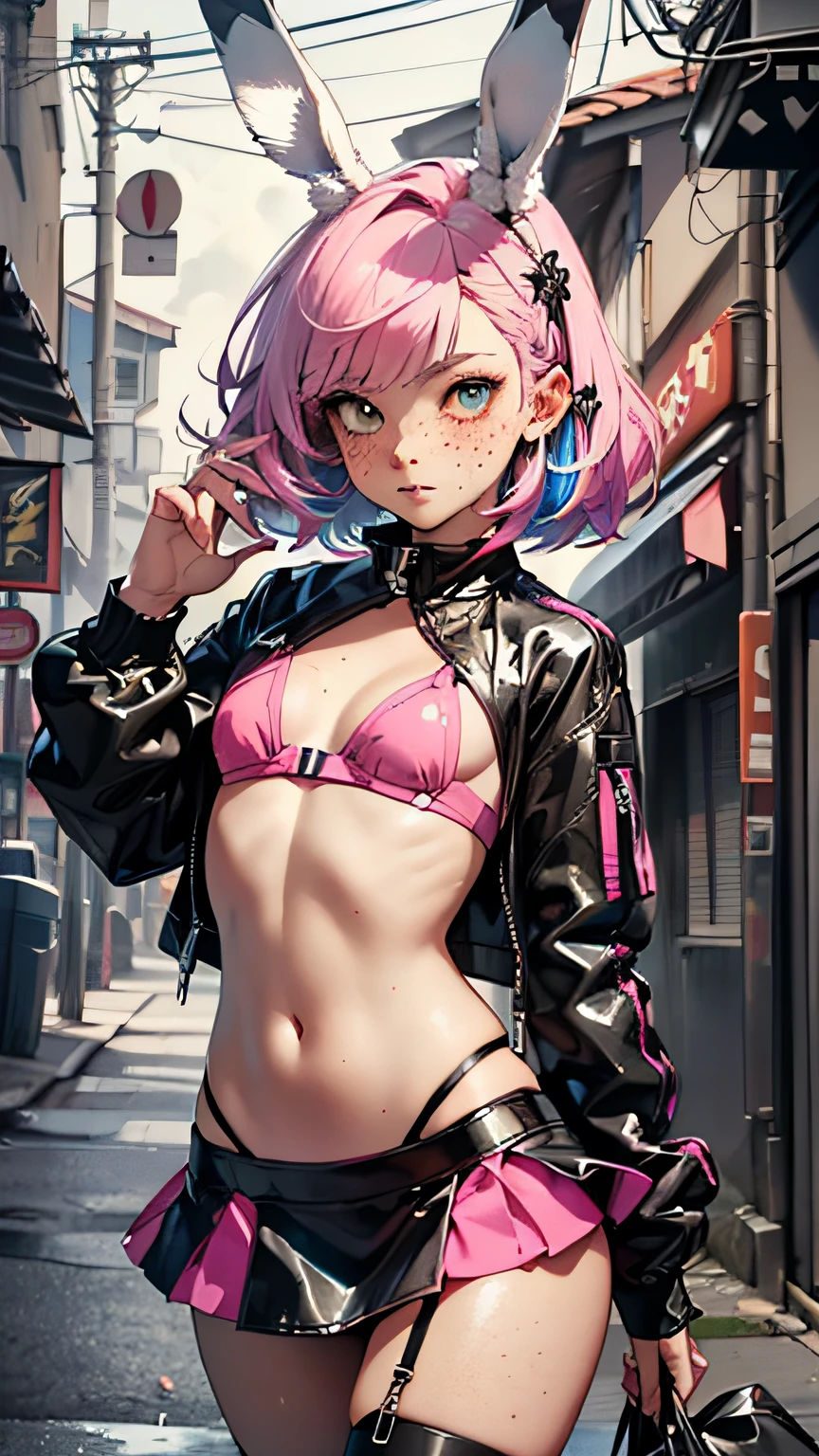 cute little bunny loli,(((little loli,small tiny body,petite))),(((6 years old))),((anime little bunny loli with extremely cute and beautiful fuchsia hair walking down the street)),(((bunny girl,anthro furry cute,bunny-girl))),(((bunny ears,bunny ears on head,big bunny ears))),
(((flat chest))),(((fuchsia hair:1.35,short fuchsia hair,colored inner hair,ear breathing,))),((heterochromia,eye1 fuchsia,eye2 pink,perfect eyes,upturned eyes:1.3,beautiful detailed eyes,finely detailed beautiful eyes:1,big highlight on eyes:1.2,slanted eyes)),(((freckles on the face,freckles,freckled girl))),(((lustrous skin:1.5,bright skin: 1.5,skin tanned,shiny skin,very shiny skin,shiny body,plastic glitter skin,exaggerated shiny skin))),(delicate detailed fingers,detailed body,detailed arms,human hands,(detailed face)),
cute,slutty,,erotic,(((nsfw))),
zettai ryouiki,revealing clothing,show skin,((rave shirt,neon colored shirt,rave mini-skirt,visible thong straps)),(wearing a rave outfit:1.3,rave clothes,semi-naked,with little clothing,),(detailed outfit,detailed clothes),
(dynamic pose:1.0),solo focus,embarrassed,centered,scale to fit dimensions,Rule of thirds,
outdoors,((night view)),(cyberpunk night street Background: 1.5,dark sky,alleyway,lonely alley,thick clouds,detailed background:1.25),
(best quality),(high resolution),(sharp focus),(ultra detailed),(extremely detailed),(extremely high quality artwork),8k_wallpaper,(extremely detailed CG 8k),(very fine 8K CG),((hyper super ultra detailed perfect piece)),flawless,(((masterpiece))),illustration,vibrant colors,(intricate),High contrast,Selective lighting,Double exposure,HDR (High Dynamic Range),Post-processing,Background blur,
