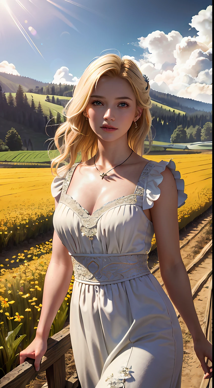 (realistic:1.3), finely detailed, quality, rembrandt lighting, (masterpiece:1.2), (photorealistic:1.2), (best quality), (detailed skin:1.3), (intricate details), dramatic, ray tracing, 1girl, american white girl, blonde hair, 21 years old, medium breasts, (Meadow, Sun, Clouds, Field, Farming, Starlight, Walking trail)