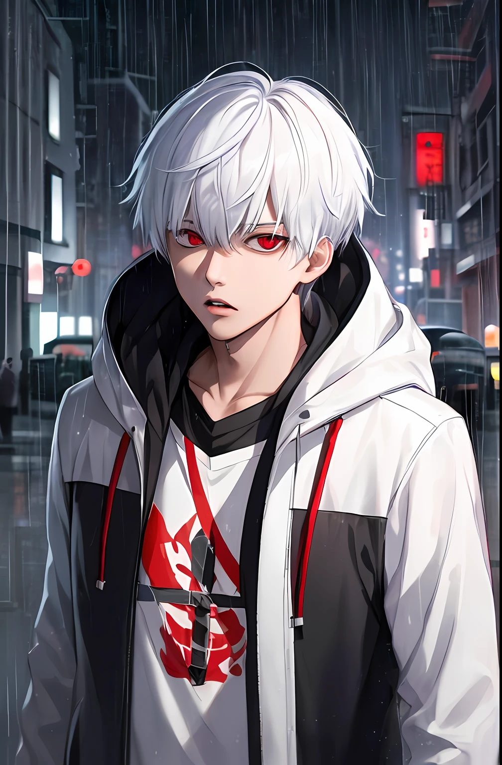 kk, best quality, more details, masterpiece, 1boy, kaneki ken, portrait, male focus, red eyes, solo, bangs, looking at viewer, hood, short hair, rain, tokyo tokyo \(city\),  hood up, nail polish, white hair, luxurious, 8k, detailed, ray tracing, depth of field, cinematic lighting,