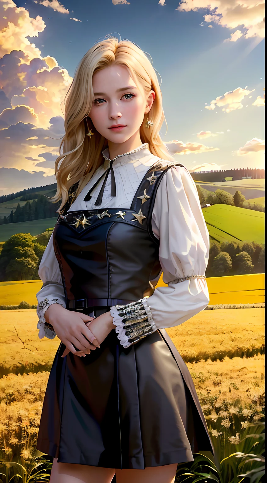 (realistic:1.3), finely detailed, quality, rembrandt lighting, (masterpiece:1.2), (photorealistic:1.2), (best quality), (detailed skin:1.3), (intricate details), dramatic, ray tracing, 1girl, american white girl, blonde hair, 21 years old, medium breasts, (Meadow, Sun, Clouds, Field, Farming, Starlight, Walking trail)