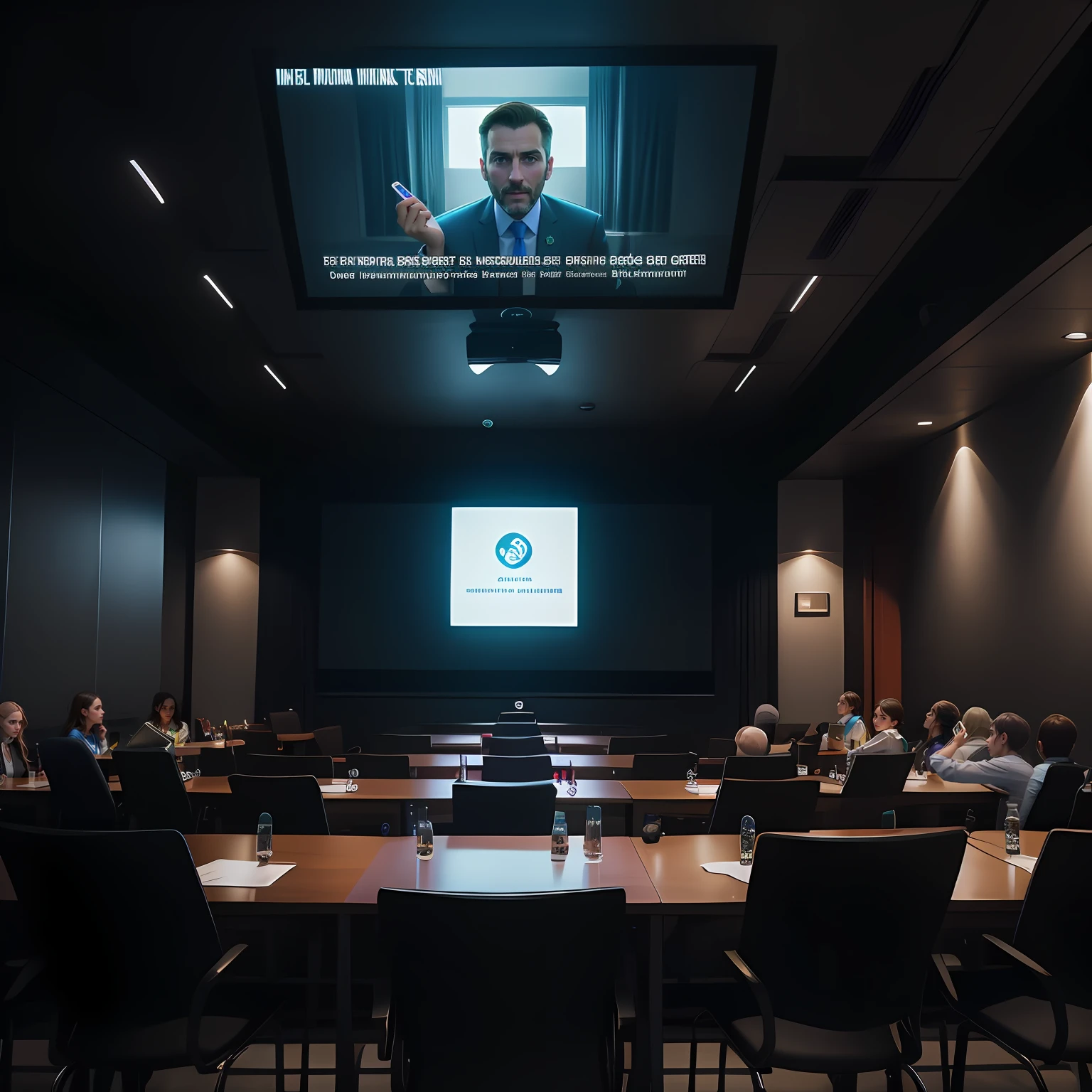 There are people sitting at a table watching a video on a screen, in a meeting room, Hologramas corporativos, Legendas, audience in the background, foto de 2022, facing to audience, imagem profunda, court session images, Fotografia tirada em 2 0 2 0, Foto tirada em 2018, foto de uma sala de aula, Aprimorado digitalmente, Borrada