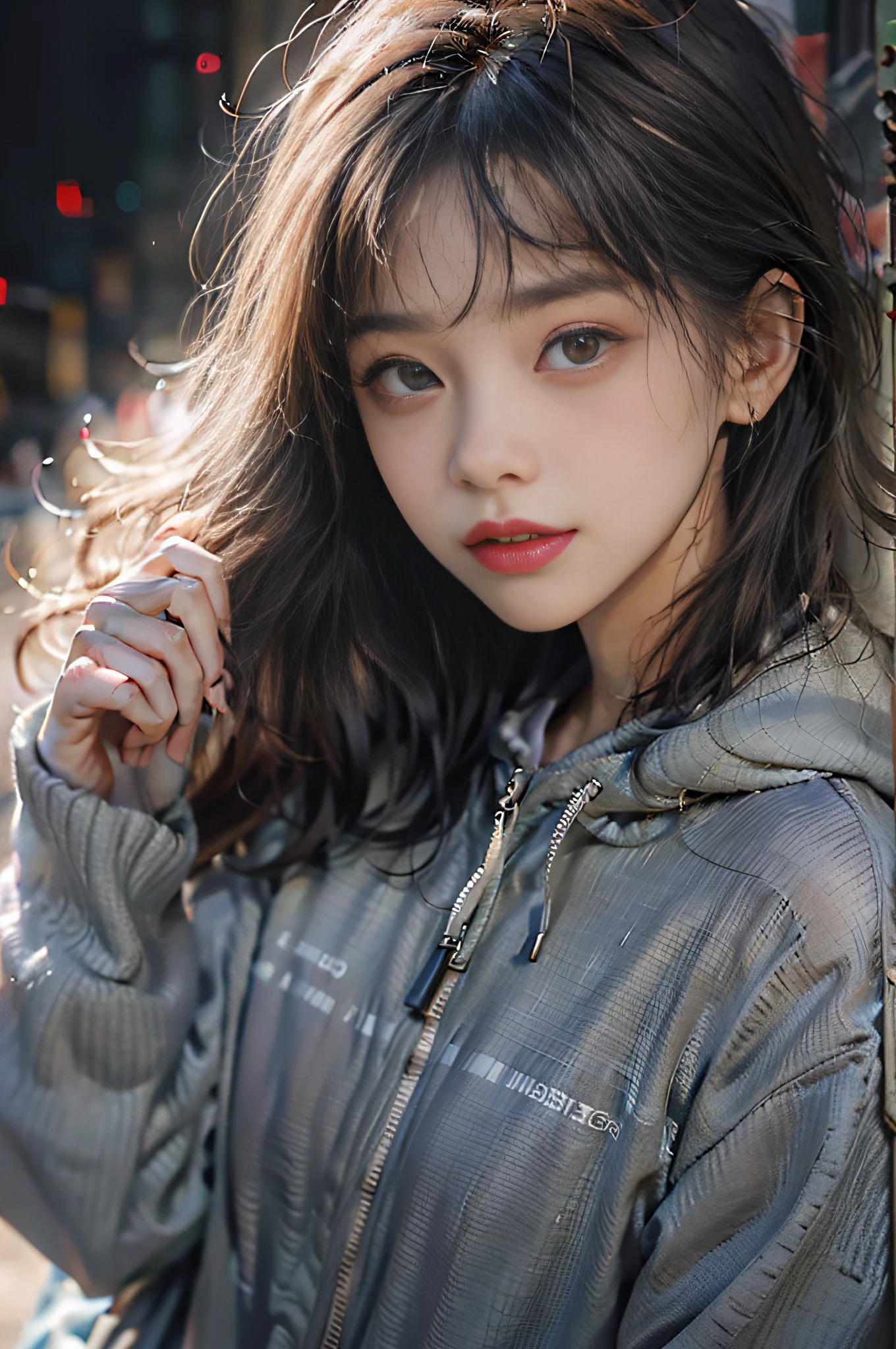 (Hyper-realistic) , (illustratio), (Increase the resolution), (8K), (RAW photos,best qualtiy),(realisticlying,photograph realistic:1.3),best qualtiy,highly detailed,tmasterpiece,Hyper-detailing,one-girl,Stylish sweatshirt, Windbreaker long skirt,Poster on the front,The color of the clothes is bright and simple,cinematic ligh、ultra-realistic realism、Soft light、Deep field focus bokeh、with short black hair,White skin,famousartwork,s the perfect face,beauitful face,beautidful eyes,((Perfect female body))Cute, Very aesthetic,Realistic style anime,ssmile,self-assured,Put your hands in your pockets,tmasterpiece,ultraclear,8K,HighestQuali,