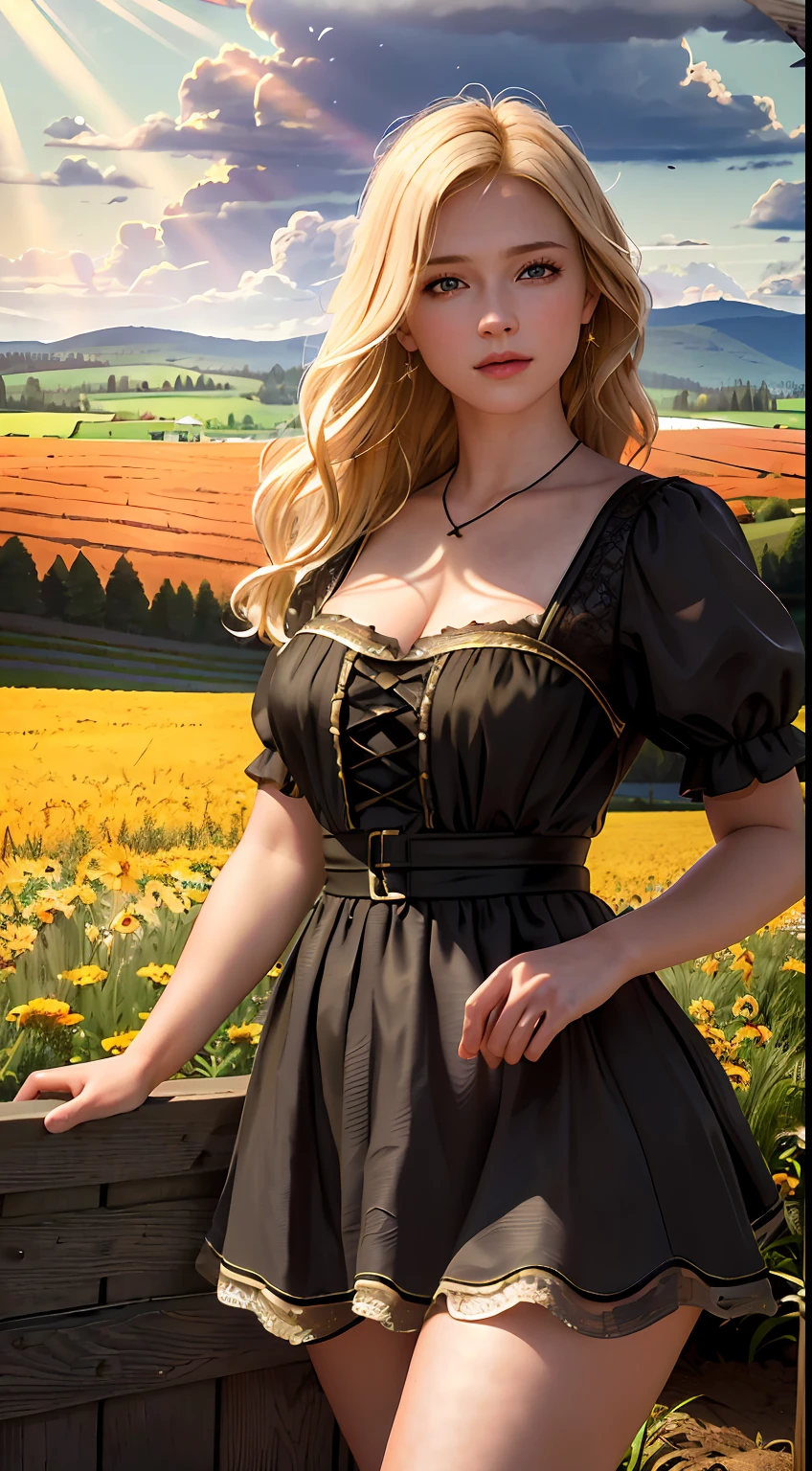 (realistic:1.3), finely detailed, quality, rembrandt lighting, (masterpiece:1.2), (photorealistic:1.2), (best quality), (detailed skin:1.3), (intricate details), dramatic, ray tracing, 1girl, american white girl, blonde hair, 21 years old, medium breasts, (Meadow, Sun, Clouds, Field, Farming, Starlight, Walking trail)