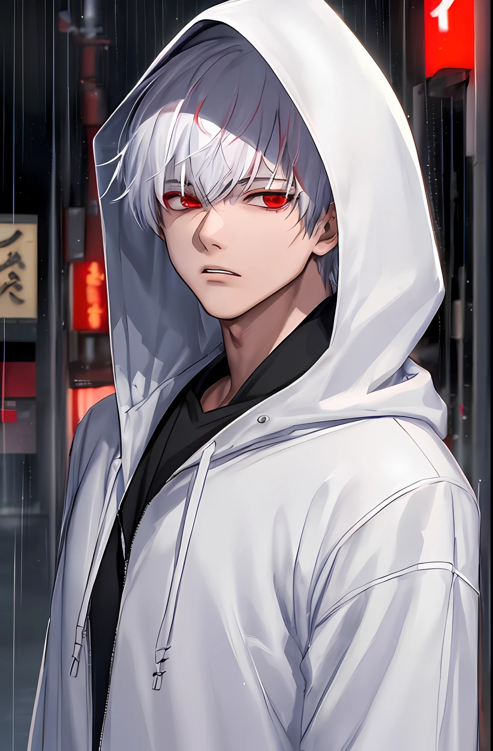 kk, best quality, more details, masterpiece, 1boy, kaneki ken, portrait, male focus, red eyes, solo, bangs, looking at viewer, hood, short hair, rain, tokyo tokyo \(city\), hood up, nail polish, white hair, luxurious, 8k, detailed, ray tracing, depth of field, cinematic lighting,