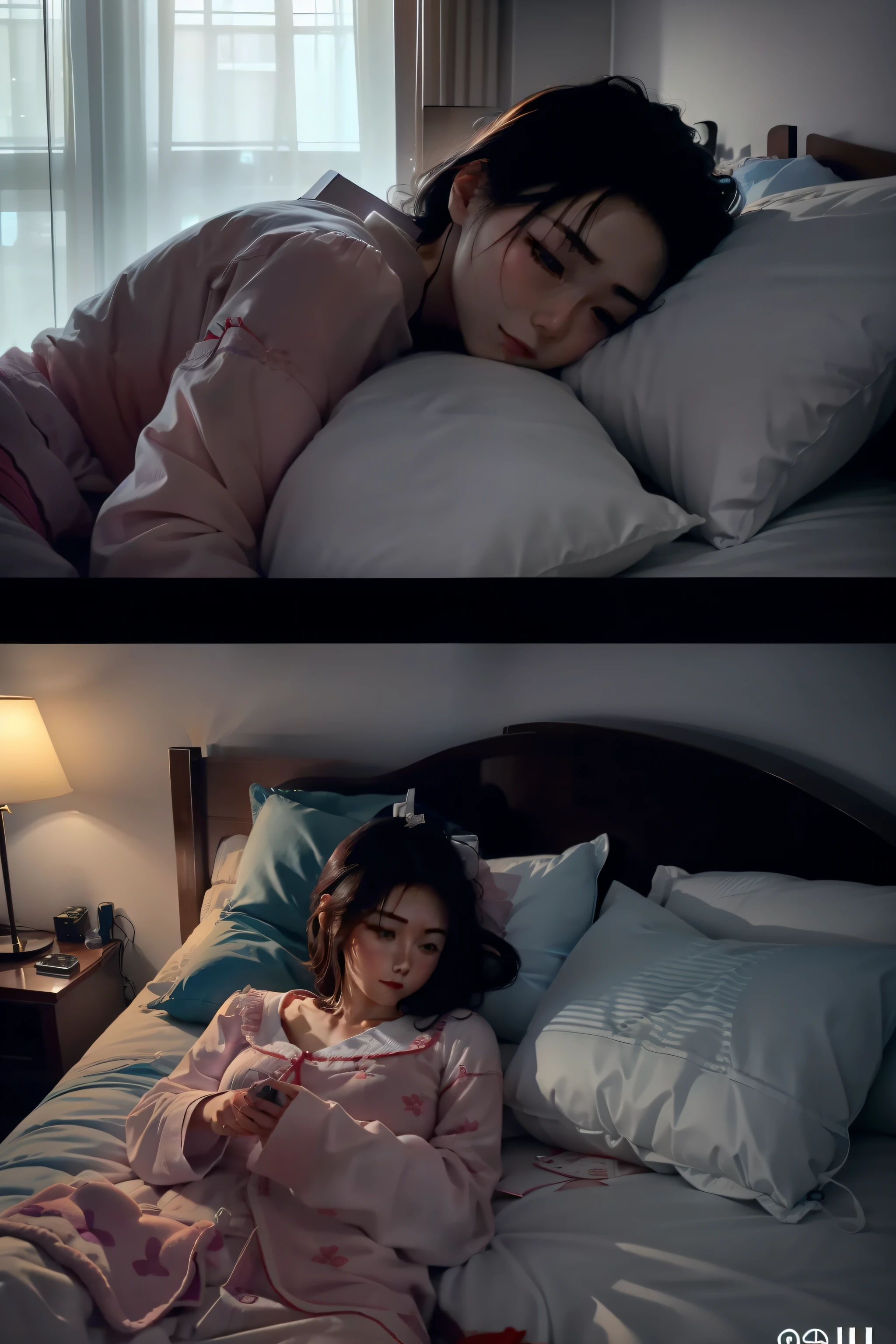 The husband was on the other side of the bed,One lying on the bed looking at his phone。