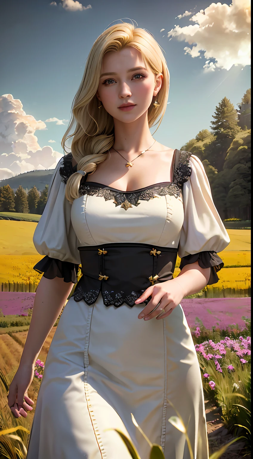 (realistic:1.3), finely detailed, quality, rembrandt lighting, (masterpiece:1.2), (photorealistic:1.2), (best quality), (detailed skin:1.3), (intricate details), dramatic, ray tracing, 1girl, american white girl, blonde hair, 21 years old, medium breasts, (Meadow, Sun, Clouds, Field, Farming, Starlight, Walking trail)