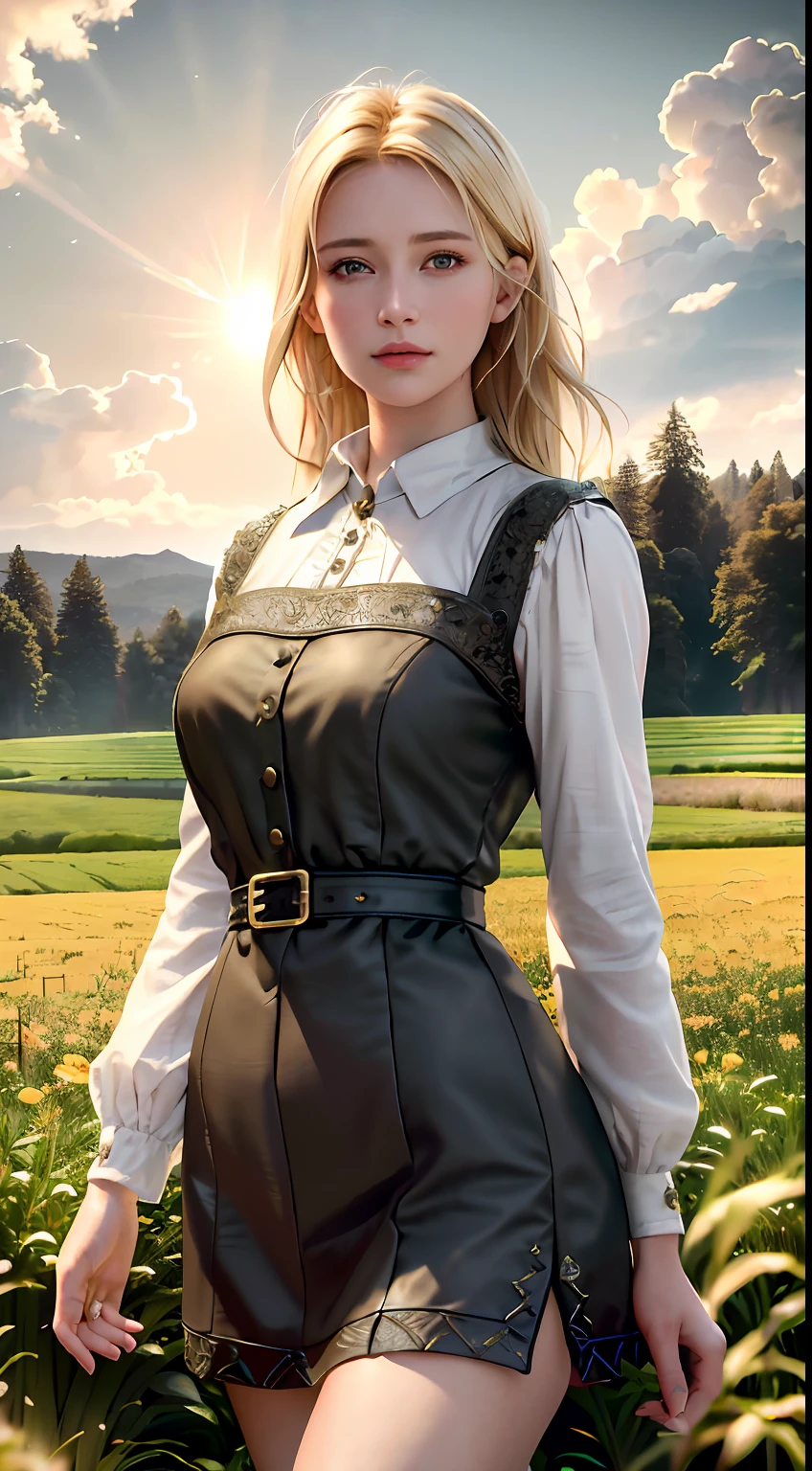 (realistic:1.3), finely detailed, quality, rembrandt lighting, (masterpiece:1.2), (photorealistic:1.2), (best quality), (detailed skin:1.3), (intricate details), dramatic, ray tracing, 1girl, american white girl, blonde hair, 21 years old, medium breasts, (Meadow, Sun, Clouds, Field, Farming, Starlight, Walking trail)