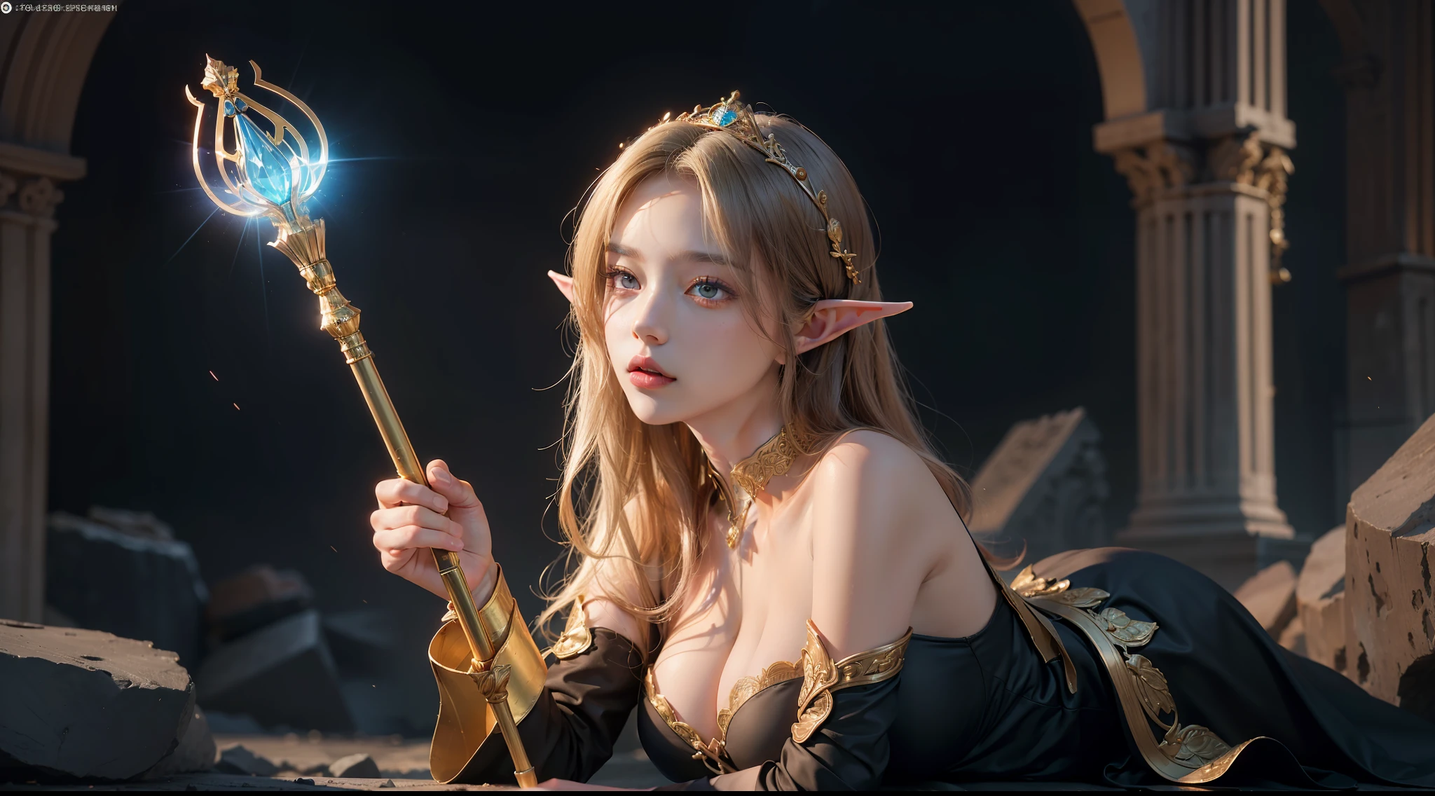tmasterpiece,top-quality,best qualityer,offcial art,Beauty and aesthetics:1.2),(tmasterpiece:1.3), (8K, realisticlying, RAW photos, best qualtiy: 1.4), beauitful face, (photorealiscic face),超高分辨率, Ultra photo realsisim, highly detailed, the golden ratio, (Award-winning digital artwork:1.3) af (sketching:1.3),(with dynamism:1.3),(Saturation:1.3),(Close portrait:1.3),illusory engine, (High detail: 1.9),(femele:1.4),(big breasts beautiful: 1.4),(carismatic:1.3),Huge ruins,speleothems,the night,Female elf,half-body shots,Large breasts,(Close portrait:1.3),illusory engine, (High detail: 1.9),volumettic light,(((Glowing scepter))),(((Correct fingers)))