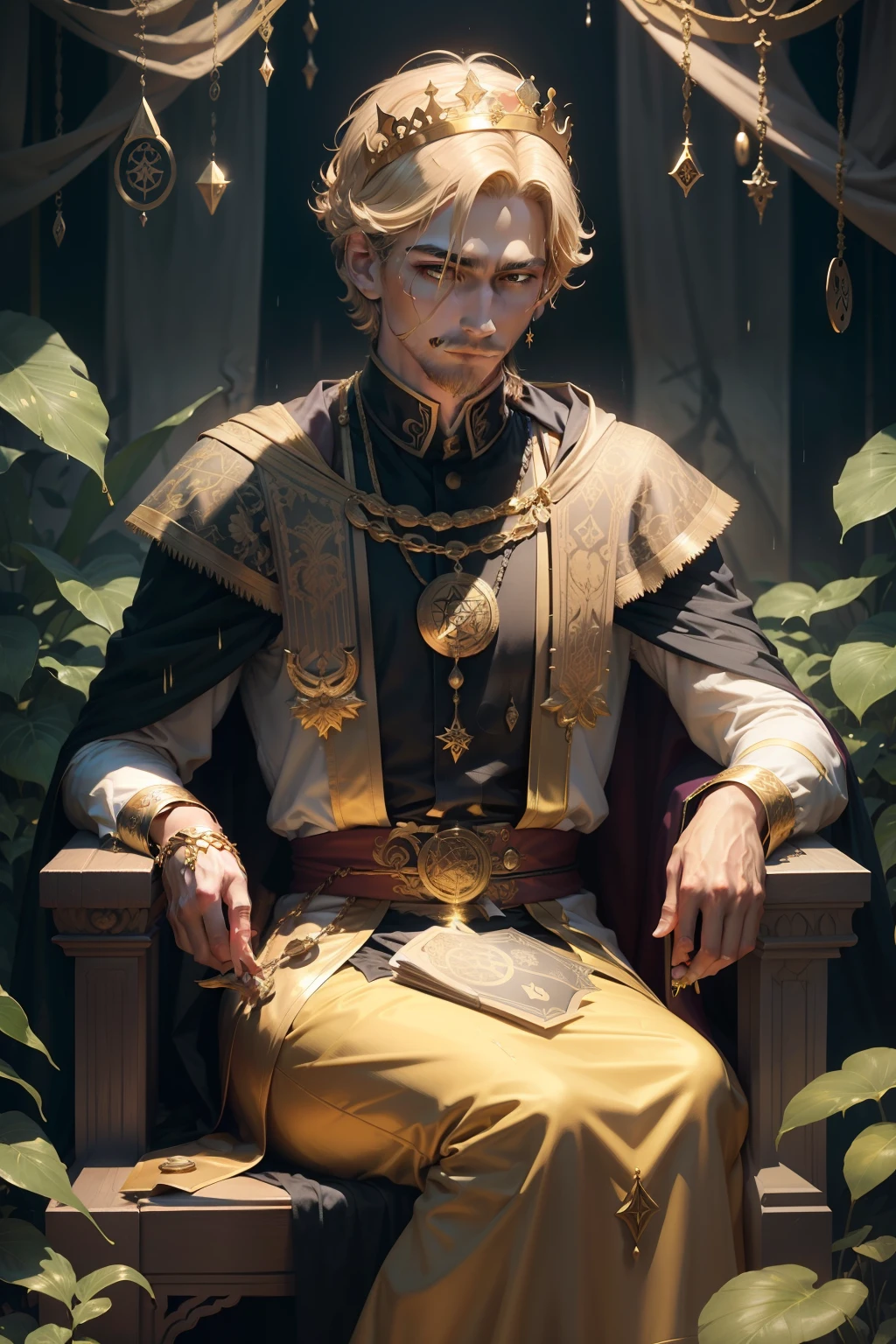 A golden tarot card border with a man sitting on his royal throne surrounded by plants, wearing a gold crown with gold jewlery, had a gold wand in his left hand, golden pentacle coin in other hand, best quality, masterpiece, rainy graveyard, spirit dark theme