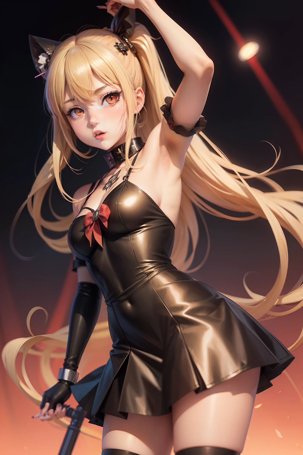 Anime girl with blonde hair and red eyes holding microphone, Gapmoe Yandere, misa amane *, anime styled」, ( ( misa amane # ) ), anime styled, digital anime art!!, In anime style, Junko Enoshima, Very anime style, anime style portrait, Lori, In an anime style, Anime style, misa amane