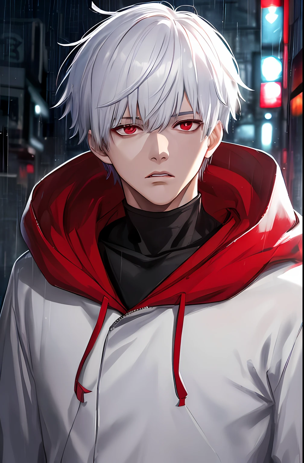 kk, best quality, more details, masterpiece, 1boy, kaneki ken, portrait, male focus, red eyes, solo, bangs, looking at viewer, hood, short hair, rain, tokyo tokyo \(city\), hood up, nail polish, white hair, luxurious, 8k, detailed, ray tracing, depth of field, cinematic lighting,