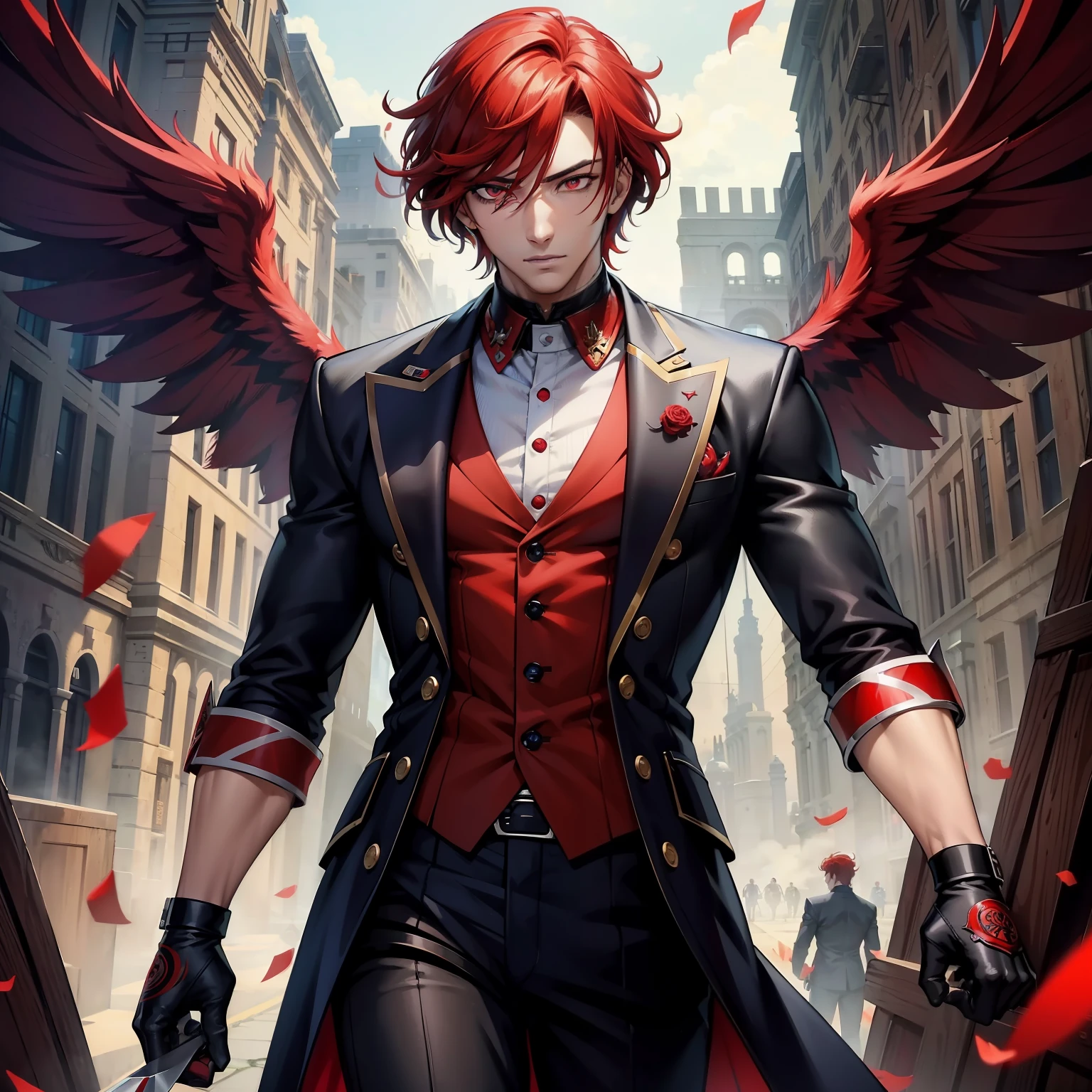 male people、Handsome man、top-quality、超A high resolution、ultra-detailliert、An ultra-high picture quality、Anime Art、coliseum、slaughter、Fallen Angel、Anime Atman、Super Detailed Men、Medium Hair、Red-haired、Red Eye、Issued eyes、Background to the murder、Madness、knifes