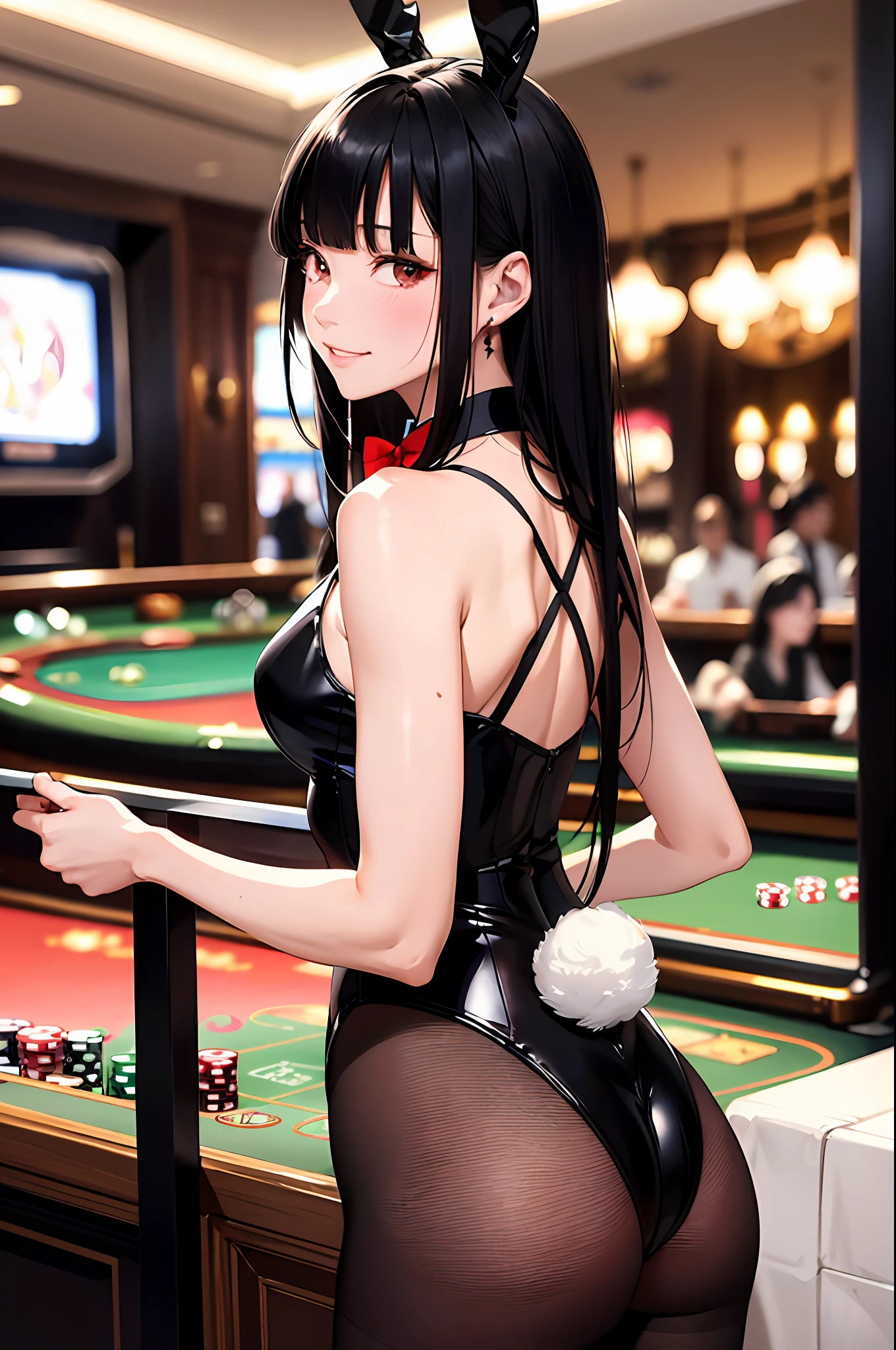 (top-quality、in 8K、32K、masterpiece、nffsw、ighly detailed、Impresionismo、Photorealsitic:1.3)、Full body,from behind, (Casino、in a house:1.4)、deep-shadows、beauitful face、blurry backround、20-year-old beauty、shinny skin, Beautiful black hair、Blunt bangs、red eyes、beauitful face、blurry backround、Bunny Girl Costume、Black High Cut Leotard、a bow tie、White cuffs、((The rabbit's tail is on the ass))、Wearing mesh pantyhose、Black rabbit ears、A smile、Holding a tray of liquor in his right hand、flustered、Curve、Dynamic Poses、