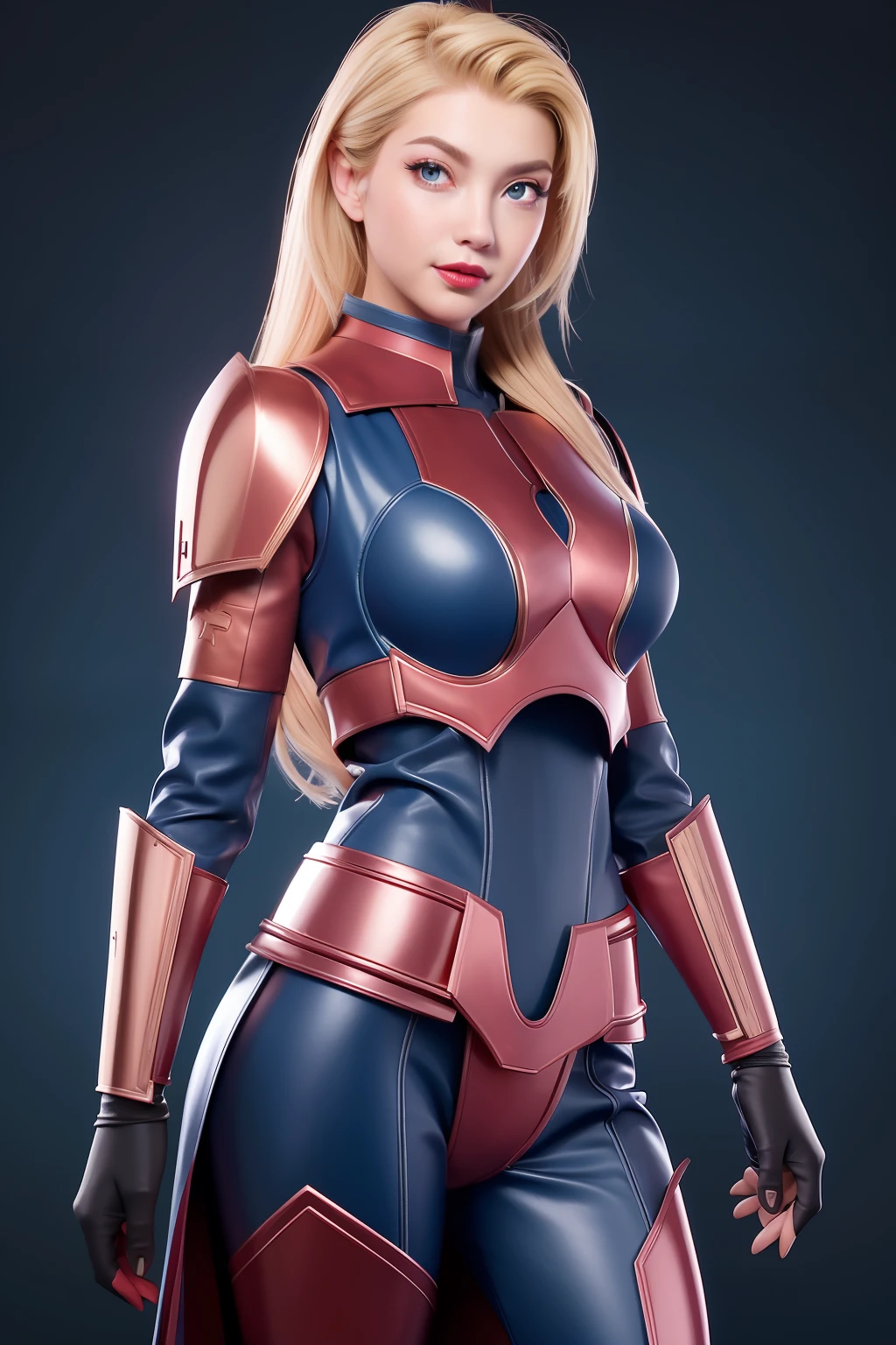 Beautiful Face Woman、a blond、Dark blue background、 Beautuful Women、18year old、prety woman、hyper realistic photography、High-definition photos、red lipsticks、Mandalorian Style Metal Armor Skirt Suit、big eye、The skin is not very exposed、Do not cut your head off the screen、