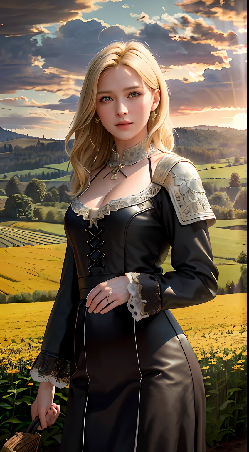 (realistic:1.3), finely detailed, quality, rembrandt lighting, (masterpiece:1.2), (photorealistic:1.2), (best quality), (detailed skin:1.3), (intricate details), dramatic, ray tracing, 1girl, american white girl, blonde hair, 21 years old, medium breasts, (Meadow, Sun, Clouds, Field, Farming, Starlight, Walking trail)