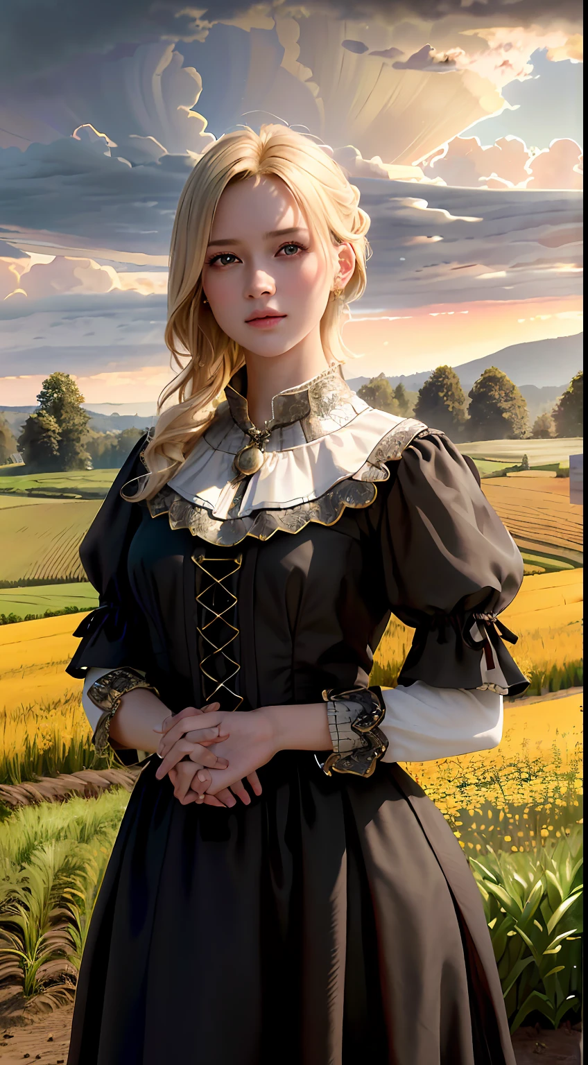 (realistic:1.3), finely detailed, quality, rembrandt lighting, (masterpiece:1.2), (photorealistic:1.2), (best quality), (detailed skin:1.3), (intricate details), dramatic, ray tracing, 1girl, american white girl, blonde hair, 21 years old, medium breasts, (Meadow, Sun, Clouds, Field, Farming, Starlight, Walking trail)