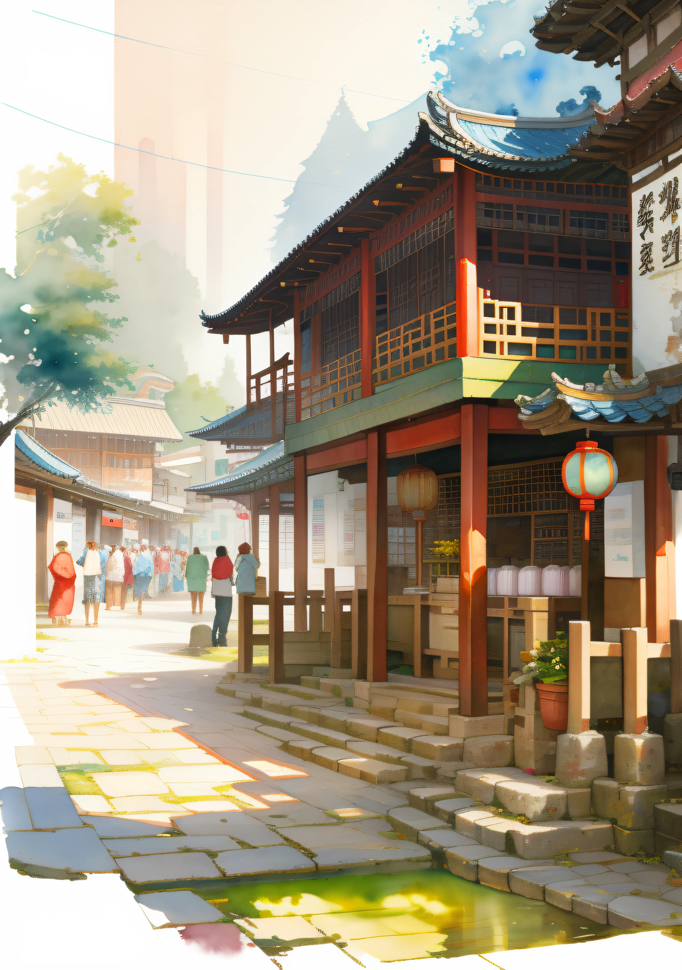 Watercolor ancient town view,Crowd tourists,ancient Chinese town。
