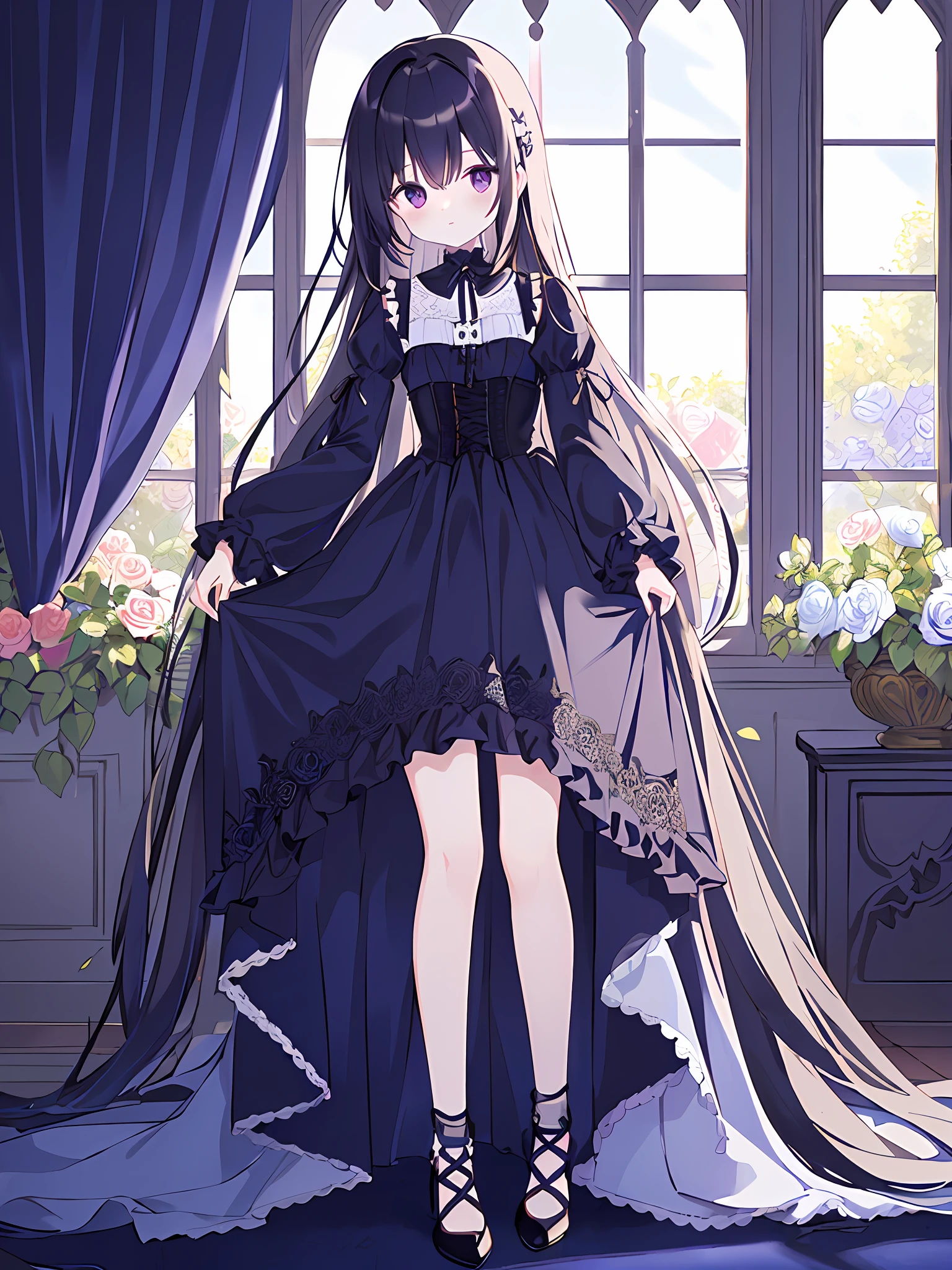 ((masterpiece))、((top-quality)、(The ultra-detailliert)、(illustratio)、((extremely delicate and beautiful))、(dynamic ungle)、
1girl in, florals, springtime, beside a window, roses, Very long hair, A detailed face, long eyeslashes, flowers in the eyes, frilly sleeves, corsets, tiarra, A Princess,
a purple eye、wide eyed、A clear sky、sunlights、Sunny、Dark blue dress、roses、A dark-haired、patterned clothing、(Low Gothic:1.4)、Thick bottom heel、dark blue thighs、Standing picture