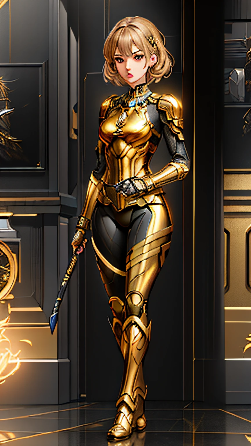 A close-up of a woman in wear, highly detailed exquisite fanart, high detailed official artwork, Extremely detailed Artgerm, beautiful full-body concept art, black and golden armor, 8K high quality detailed art, eye-catching detailed art style, Armor Girl, cyborg merchant girl, commission for high resolution, black and golden armor