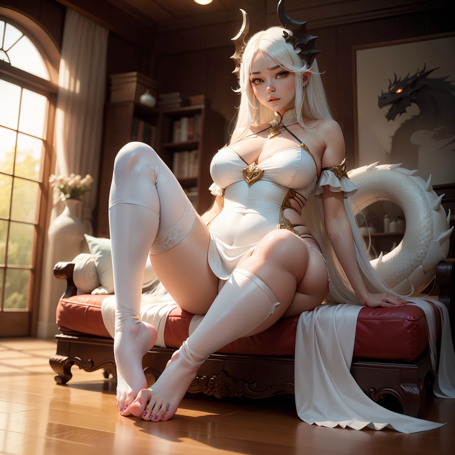 White-haired dragon woman white silk plump long hair jade feet