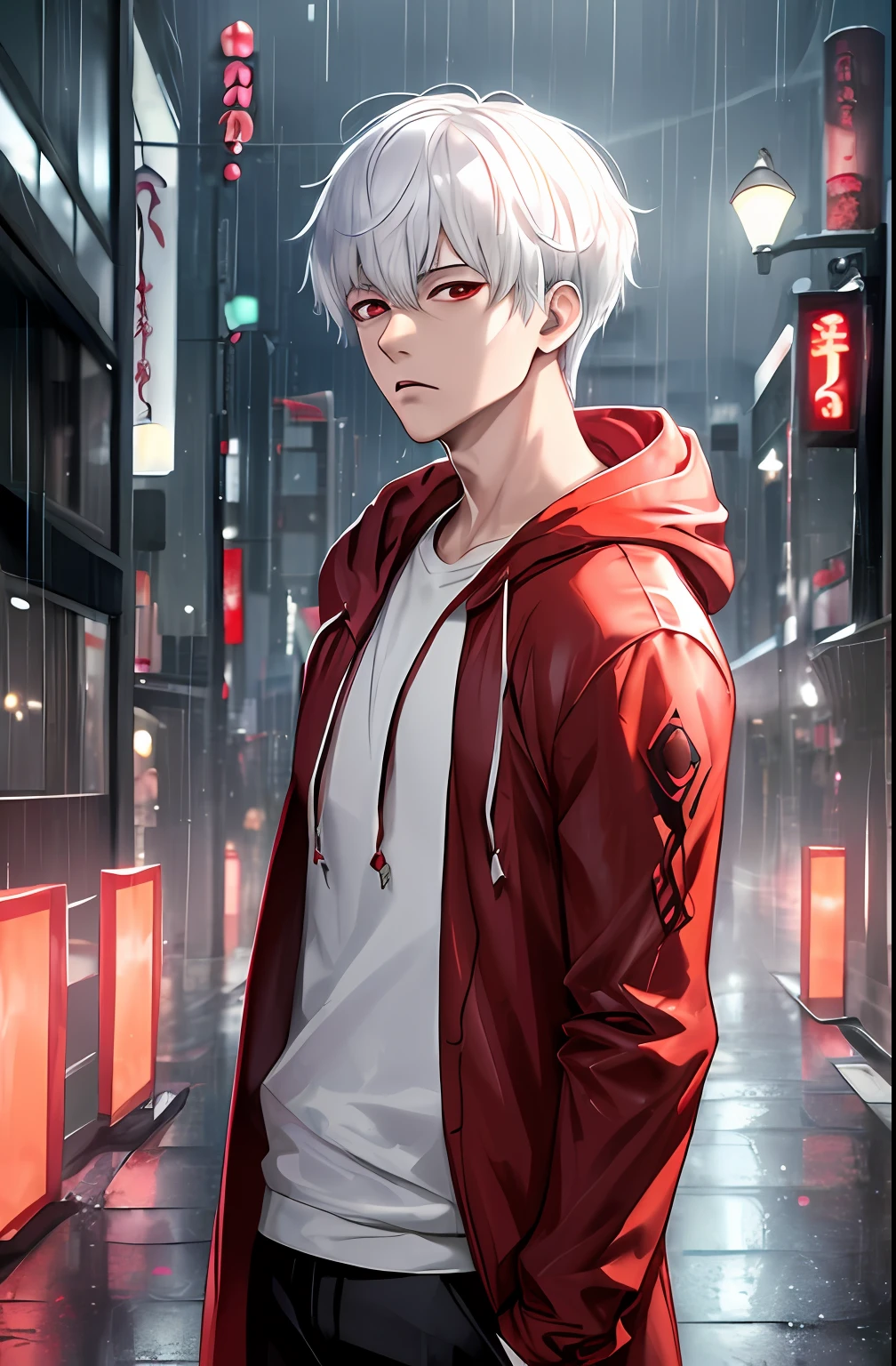 kk, best quality, more details, masterpiece, 1boy, kaneki ken, portrait, male focus, red eyes, solo, bangs, looking at viewer, hood, short hair, rain, tokyo tokyo \(city\),  hood up, nail polish, white hair, luxurious, 8k, detailed, ray tracing, depth of field, cinematic lighting,