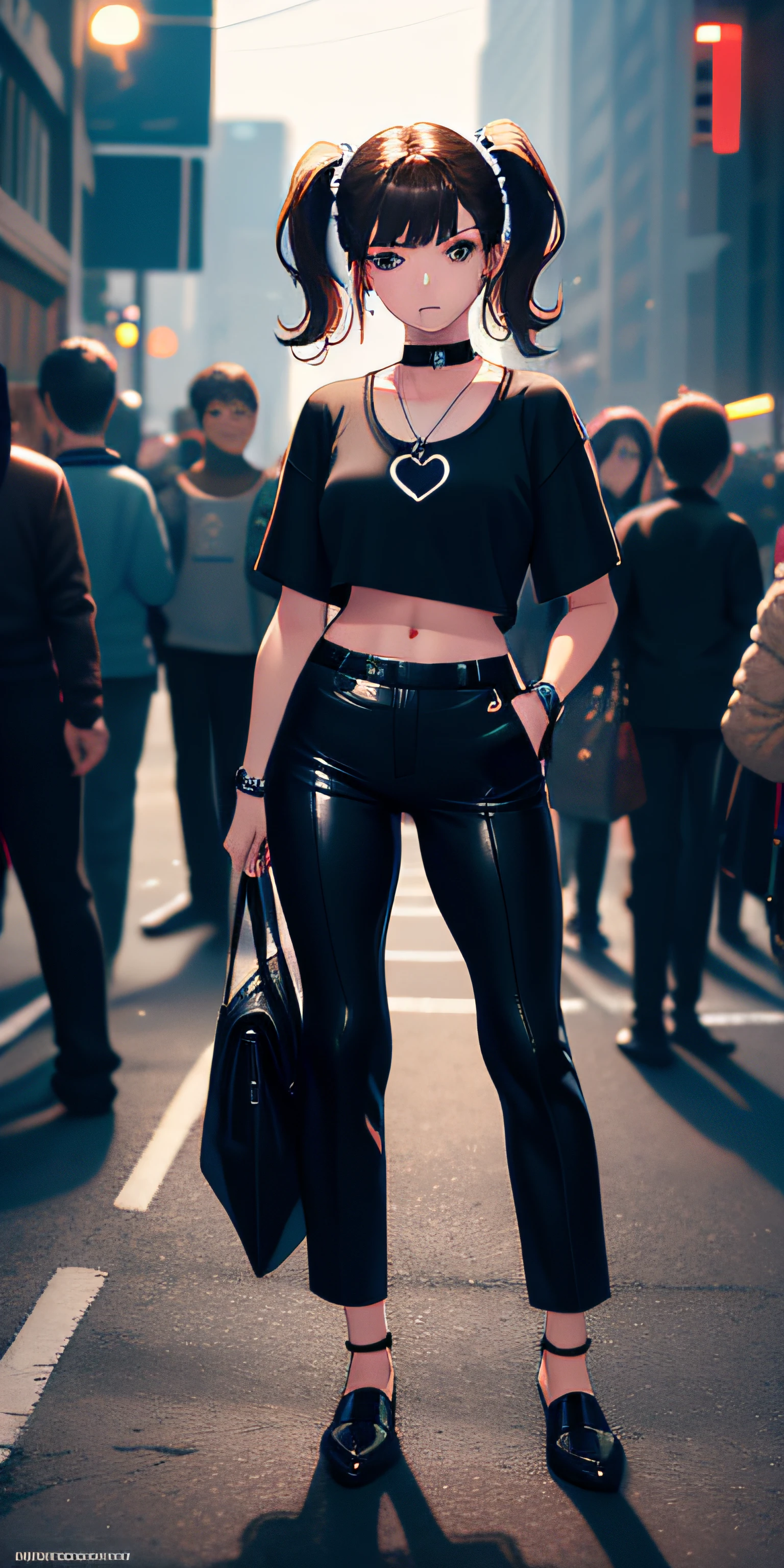tmasterpiece, best qualtiy, NSFW, 1boys, brunette color hair, short detailed hair, with brown eye, pigtails, musculature, Have on the street, the night, neonlight, Black T-shirt with, no-bra, Black pantsuit, Poker face, up front view, standing on your feet, in crowd,