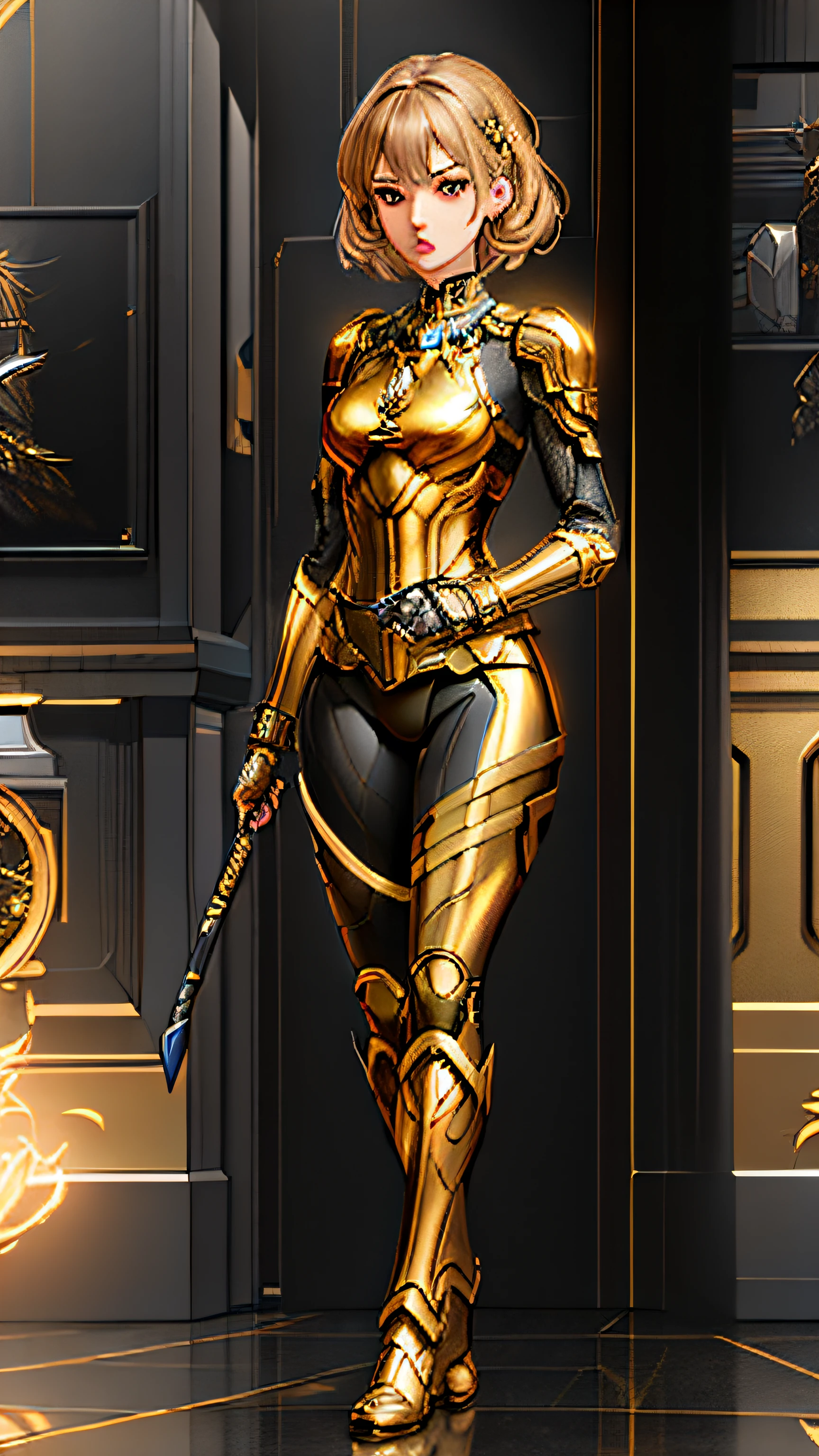 A close-up of a woman in wear, highly detailed exquisite fanart, high detailed official artwork, Extremely detailed Artgerm, beautiful full-body concept art, black and golden armor, 8K high quality detailed art, eye-catching detailed art style, Armor Girl, cyborg merchant girl, commission for high resolution, black and golden armor