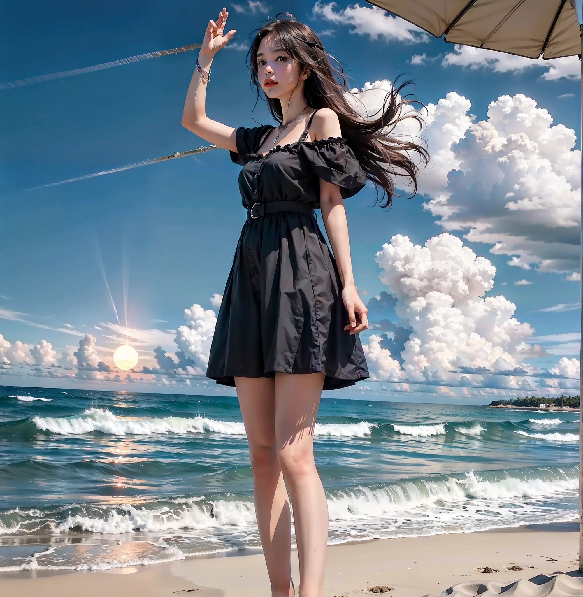 Completa el fondo de la playa con un hermoso atardecer, where the girl is standing on her back raising her hand.