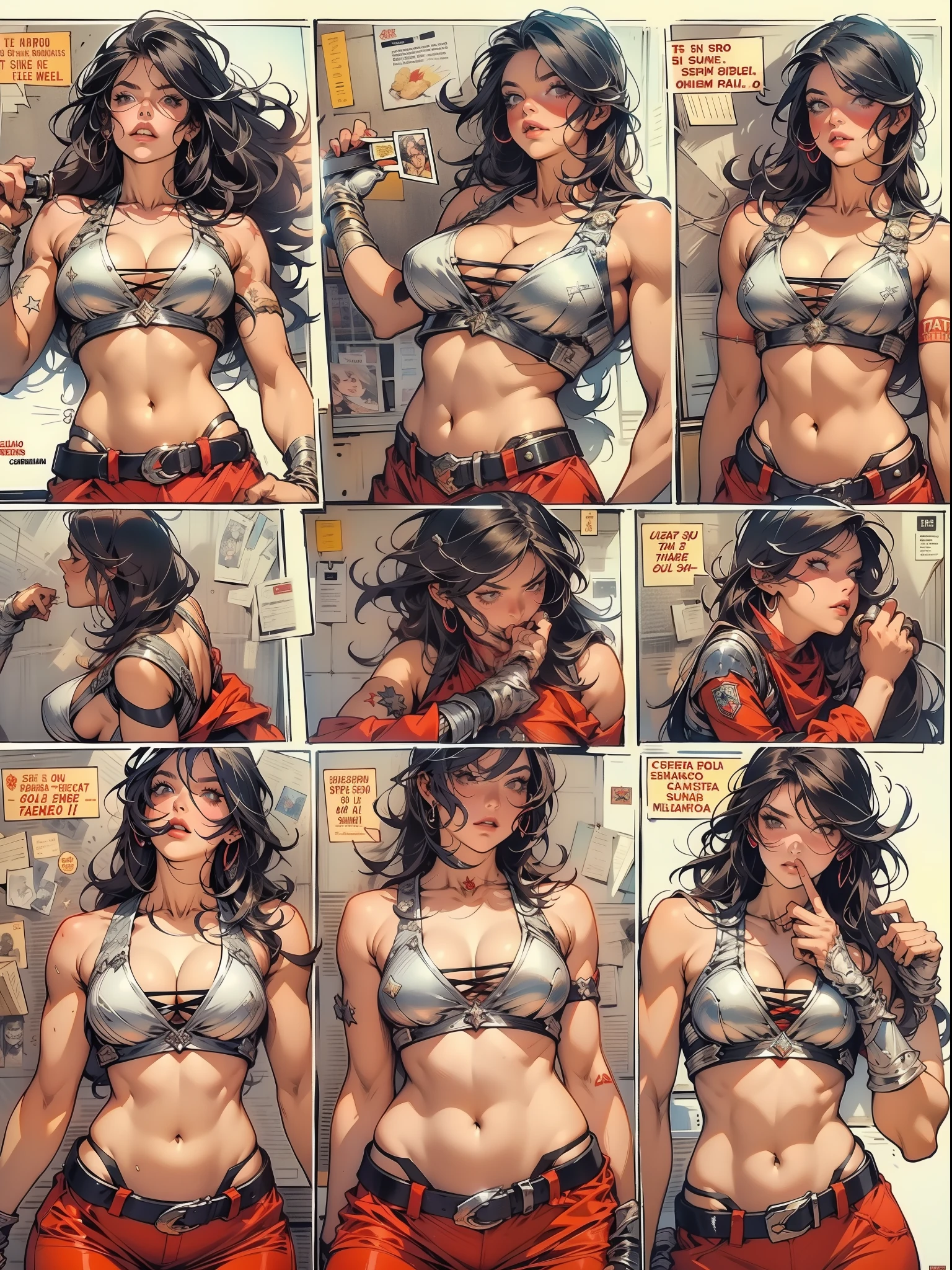 (((mulher))), (((melhor qualidade))), (((obra prima))), (((adulta))), Uma guerreira mulher de 35 anos com corpo perfeito, She-Lobo, (( under boobs )), quase nua no estilo selvagem urbano de Simon Bisley para a capa da revista Heavy Metal, cabelo loiro, Minimum clothing, armadura (vermelho escuro com estrelas brancas), cheio de pontas e rebites manchadas de tinta, tatuagem de estrelas de 5 pontas, (((corpo inteiro))), cabelo preto curto com franja branca cobrindo a testa