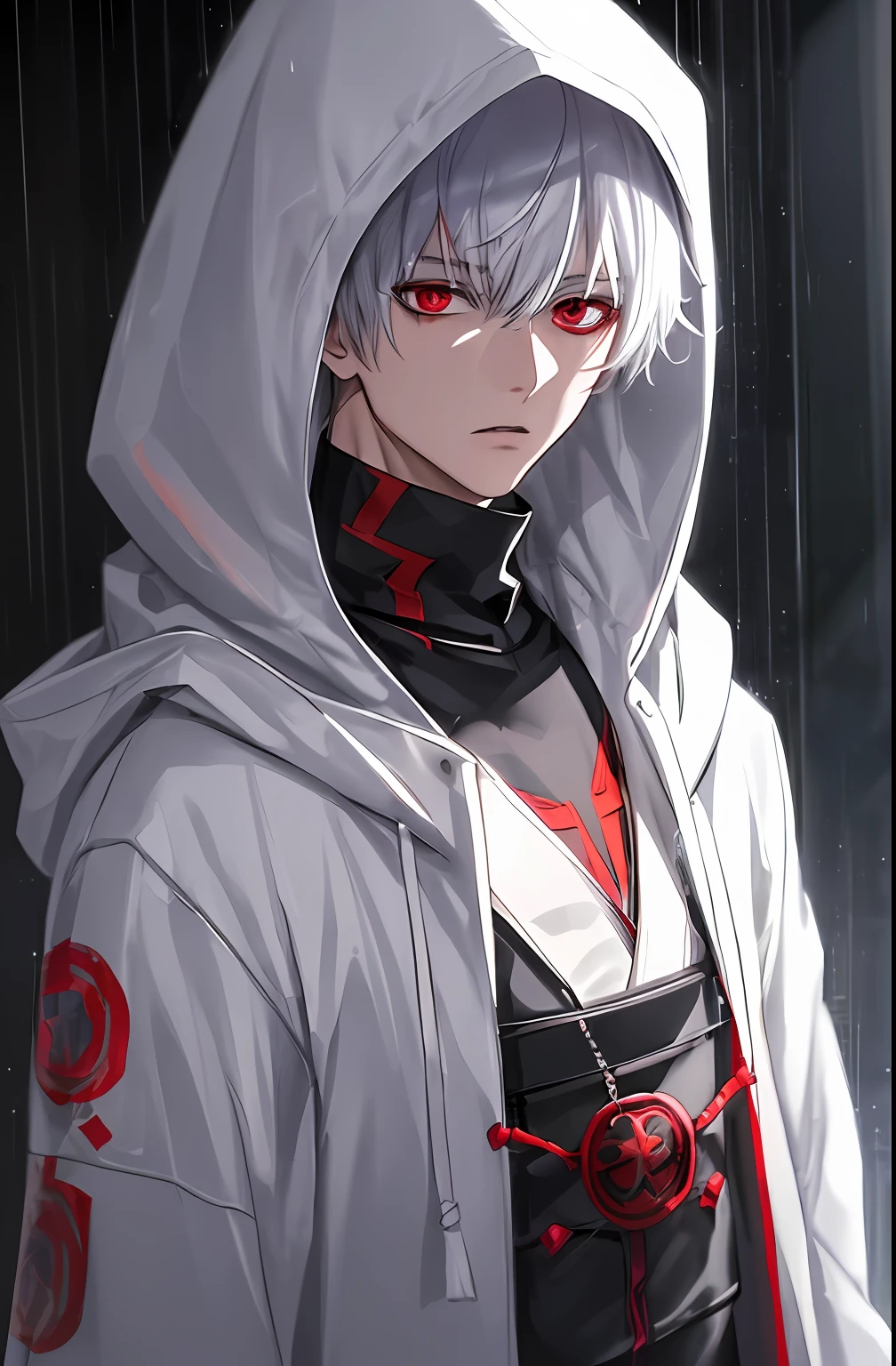 kk, best quality, more details, masterpiece, 1boy, kaneki ken, portrait, male focus, red eyes, solo, bangs, looking at viewer, hood, short hair, rain, tokyo tokyo \(city\),  hood up, nail polish, white hair, luxurious, 8k, detailed, ray tracing, depth of field, cinematic lighting,