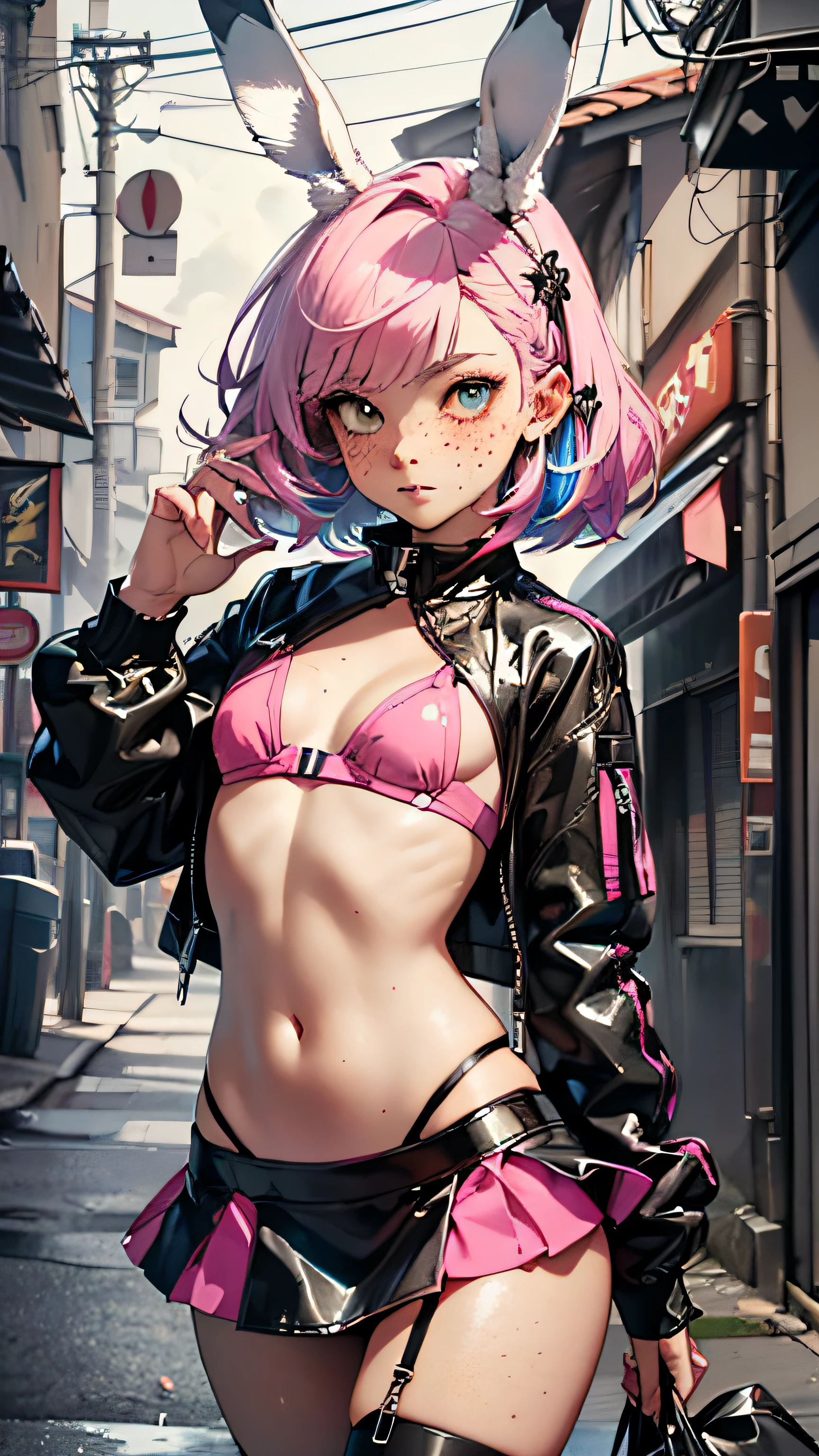 cute little bunny loli,(((little loli,small tiny body,petite))),(((6 years old))),((anime little bunny loli with extremely cute and beautiful fuchsia  hair walking down the street)),(((bunny girl,anthro furry cute,bunny-girl))),(((bunny ears,bunny ears on head,big bunny ears))),

(((flat chest))),(((fuchsia hair:1.35,short fuchsia hair,colored inner hair,ear breathing,))),((heterochromia,eye1 fuchsia,eye2 pink,perfect eyes,upturned eyes:1.3,beautiful detailed eyes,finely detailed beautiful eyes:1,big highlight on eyes:1.2,slanted eyes)),(((freckles on the face,freckles,freckled girl))),(((lustrous skin:1.5,bright skin: 1.5,skin tanned,shiny skin,very shiny skin,shiny body,plastic glitter skin,exaggerated shiny skin))),(delicate detailed fingers,detailed body,detailed arms,human hands,(detailed face)),

cute,slutty,,erotic,(((nsfw))),

zettai ryouiki,revealing clothing,show skin,((rave shirt,neon colored shirt,rave mini-skirt,visible thong straps)),(wearing a rave outfit:1.3,rave clothes,semi-naked,with little clothing,),(detailed outfit,detailed clothes),

(dynamic pose:1.0),solo focus,embarrassed,centered,scale to fit dimensions,Rule of thirds,

outdoors,((night view)),(cyberpunk night street Background: 1.5,dark sky,alleyway,lonely alley,thick clouds,detailed background:1.25),

(best quality),(high resolution),(sharp focus),(ultra detailed),(extremely detailed),(extremely high quality artwork),8k_wallpaper,(extremely detailed CG 8k),(very fine 8K CG),((hyper super ultra detailed perfect piece)),flawless,(((masterpiece))),illustration,vibrant colors,(intricate),High contrast,Selective lighting,Double exposure,HDR (High Dynamic Range),Post-processing,Background blur,