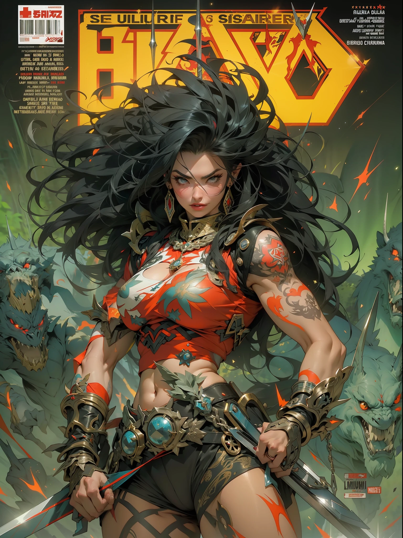 (((mulher))), (((melhor qualidade))), (((obra prima))), (((adulta))), Uma guerreira mulher de 35 anos com corpo perfeito, She-Lobo, (( under boobs )), quase nua no estilo selvagem urbano de Simon Bisley para a capa da revista Heavy Metal, cabelo loiro, Minimum clothing, armadura (vermelho escuro com estrelas brancas), cheio de pontas e rebites manchadas de tinta, tatuagem de estrelas de 5 pontas, (((corpo inteiro))), cabelo preto curto com franja branca cobrindo a testa