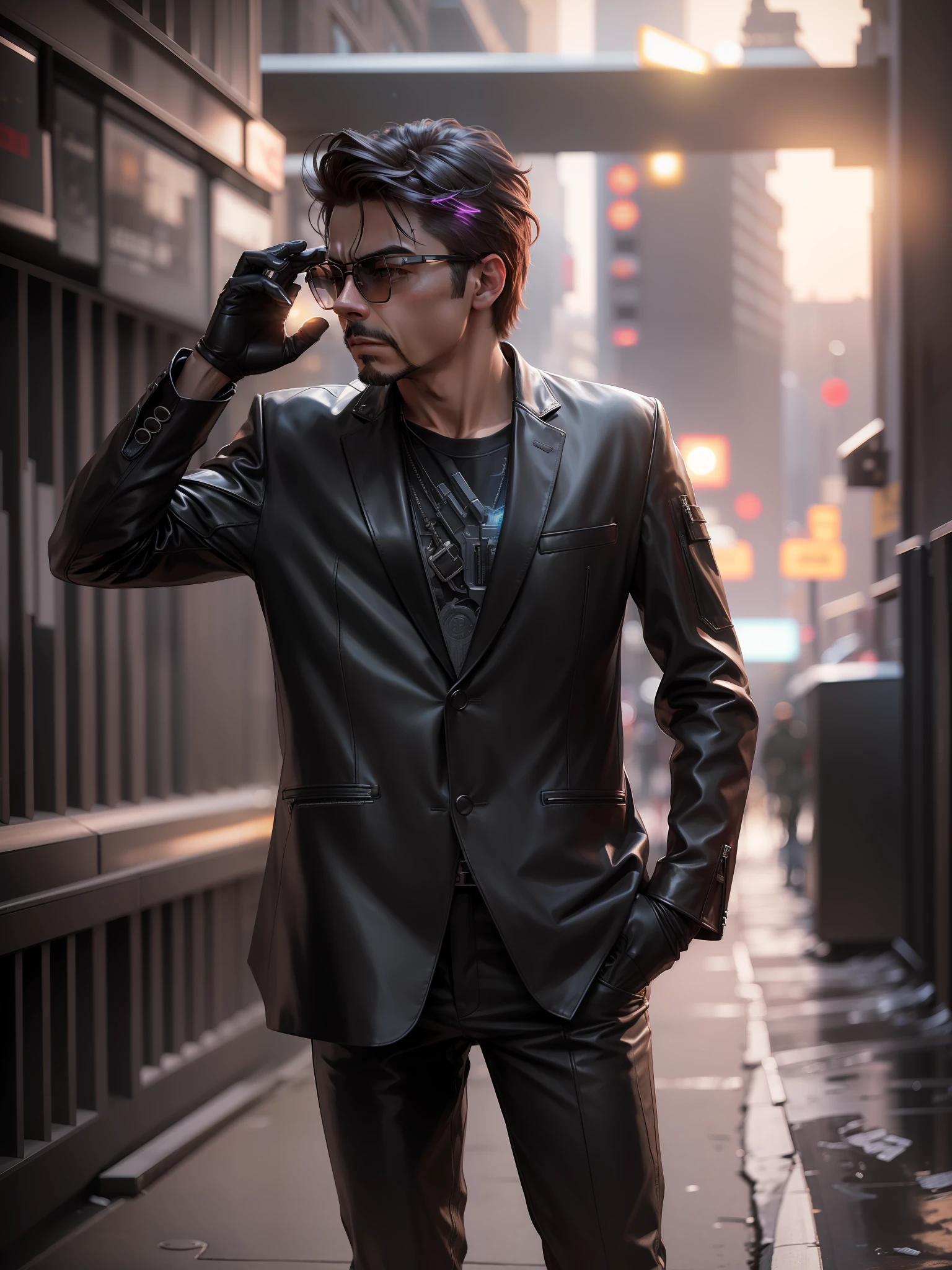 there is a man in a black leather jacket and glasses, very young like teenager, hero pose colorful city lighting, iron man, full portrait of electromancer, black colour hairs, wearing cyberpunk leather jacket, inspired by Raymond Han, inspired by Max Magnus Norman, cyberpunk suit, cyborg fashion shot, cyber future jacket, cyber suit, cinematic outfit photo, professional cosplay, wearing Tony stark jacket