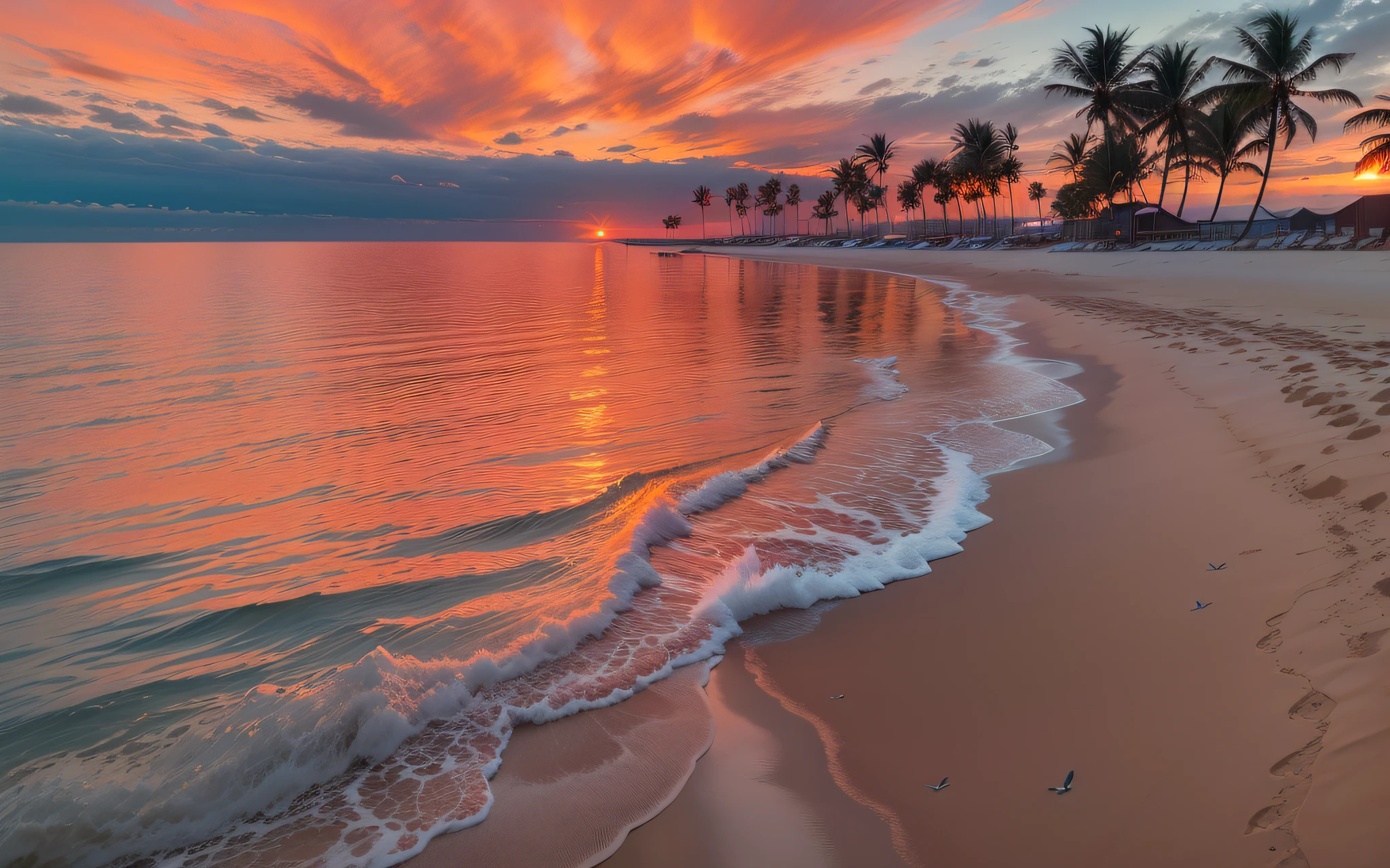 An absolutely mesmerizing sunset on the beach, with a mix of orange, pink, and yellow in the sky. The water is crystal clear, gently kisses the coast, and the white sand is endless. The scene is dynamic and breathtaking, with seagulls soaring high in the sky and palm trees swaying softly. Immerse yourself in the calm atmosphere and let the serenity surround you.