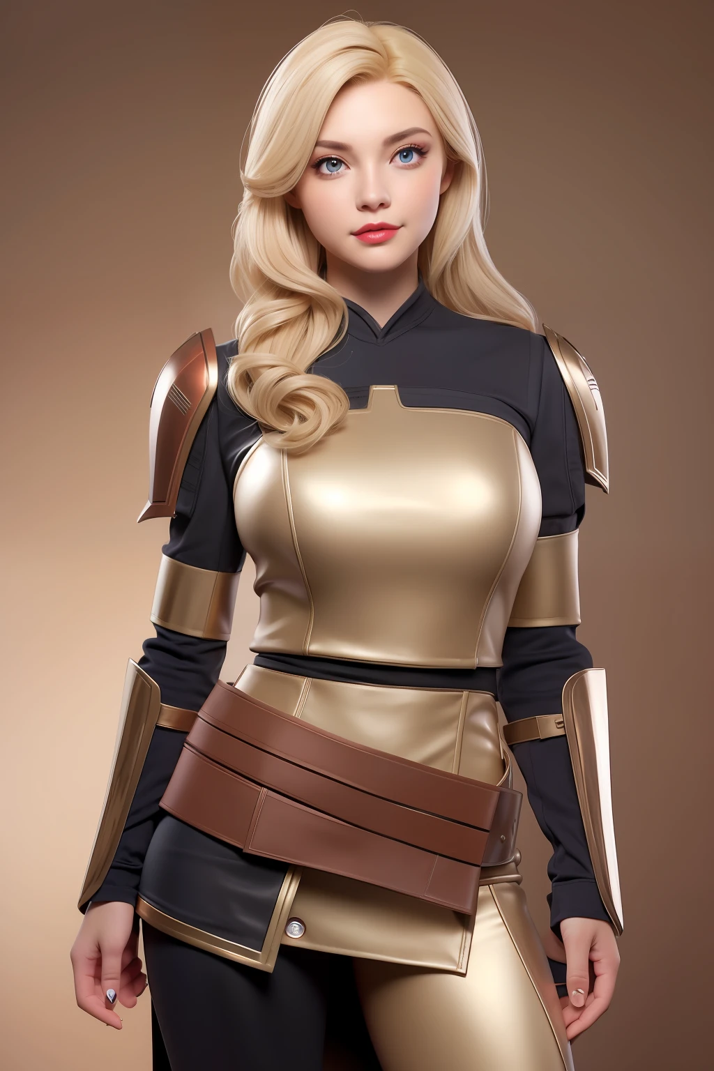 Beautiful Face Woman、a blond、beige background、 Beautuful Women、18year old、prety woman、hyper realistic photography、High-definition photos、red lipsticks、Mandalorian Style Metal Armor Skirt Suit、big eye、The skin is not very exposed、Do not cut your head off the screen、